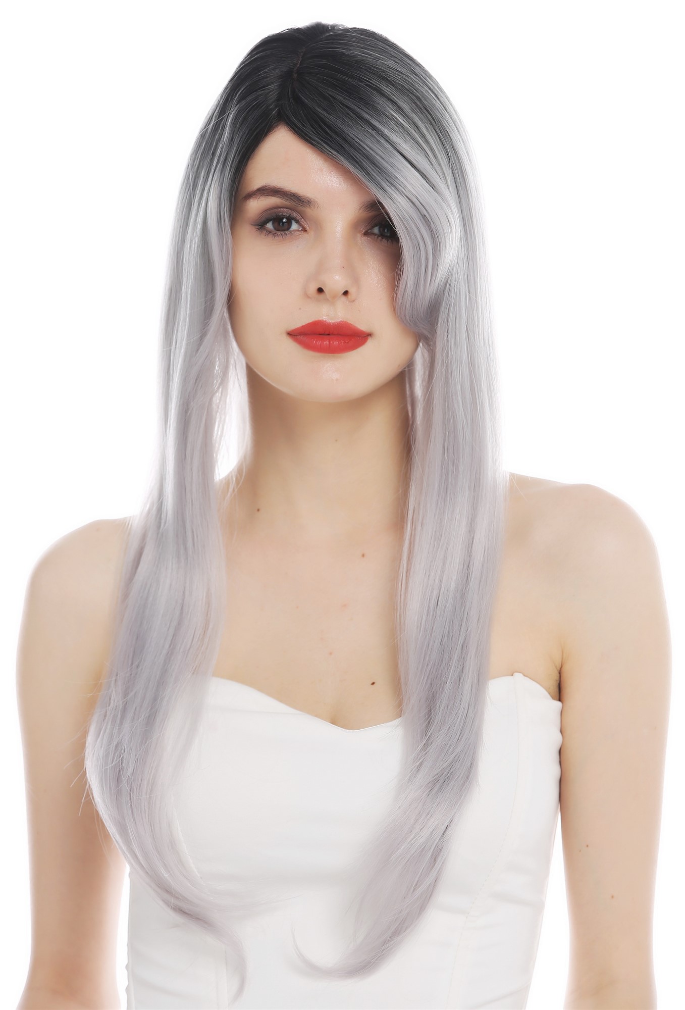 glatte Tressen-Perücke mit Kopfhaut-Imitat Schwarz-Grau-Mix lange Haare für Damen