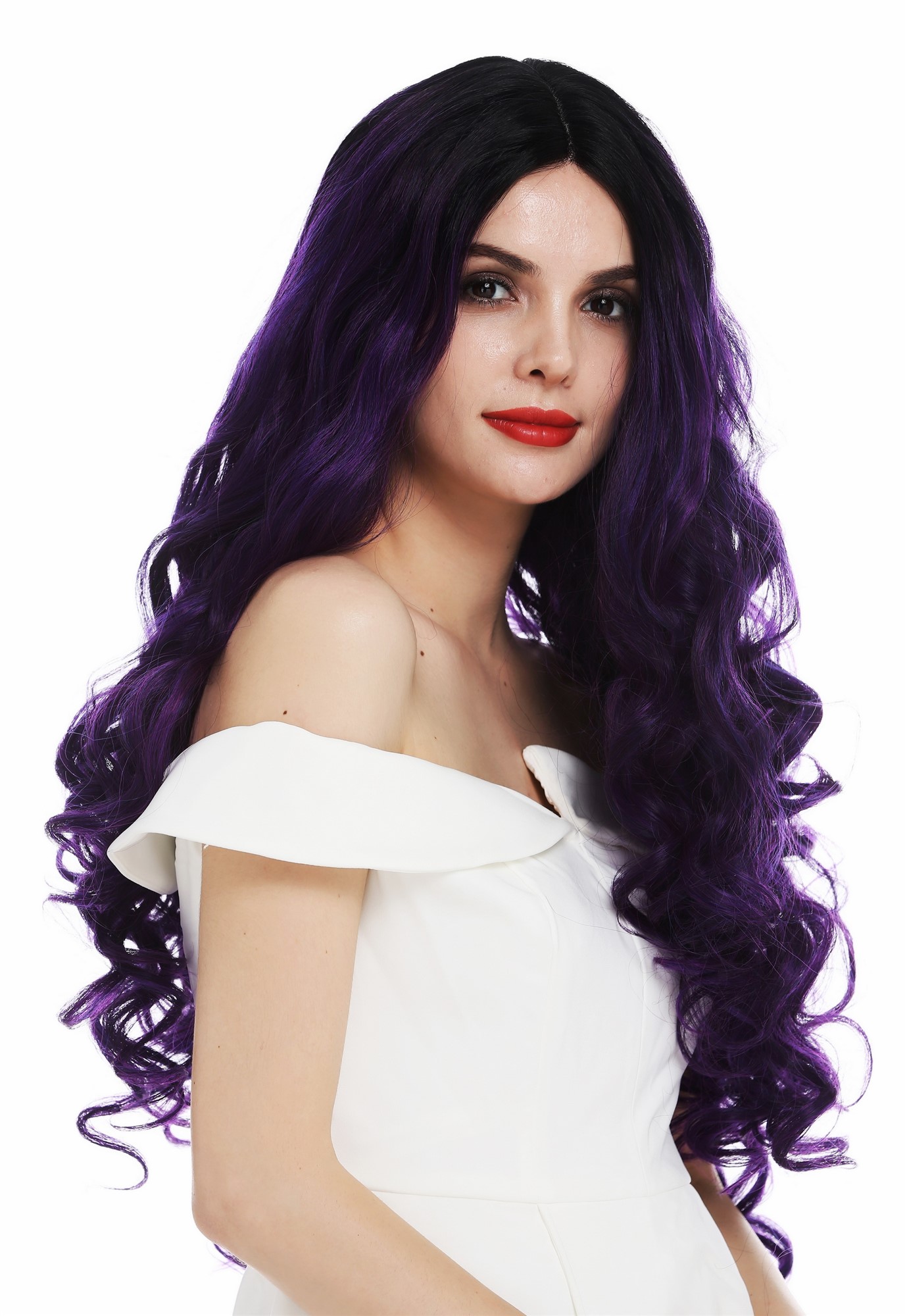 hochwertige Qualitätsperücken, Perücke Lace-Front extrem lang voluminös gelockt Ombre Schwarz Violett DW2904-MF-PURPLEYS1B, Vorderansicht, WIG ME UP: Ihr Perücken Online Shop lockige Tressen-Perücke mit Teil-Mono Oberkopf, Front-Lace Violett-Schwarz-Mix sehr lange Haare für Damen