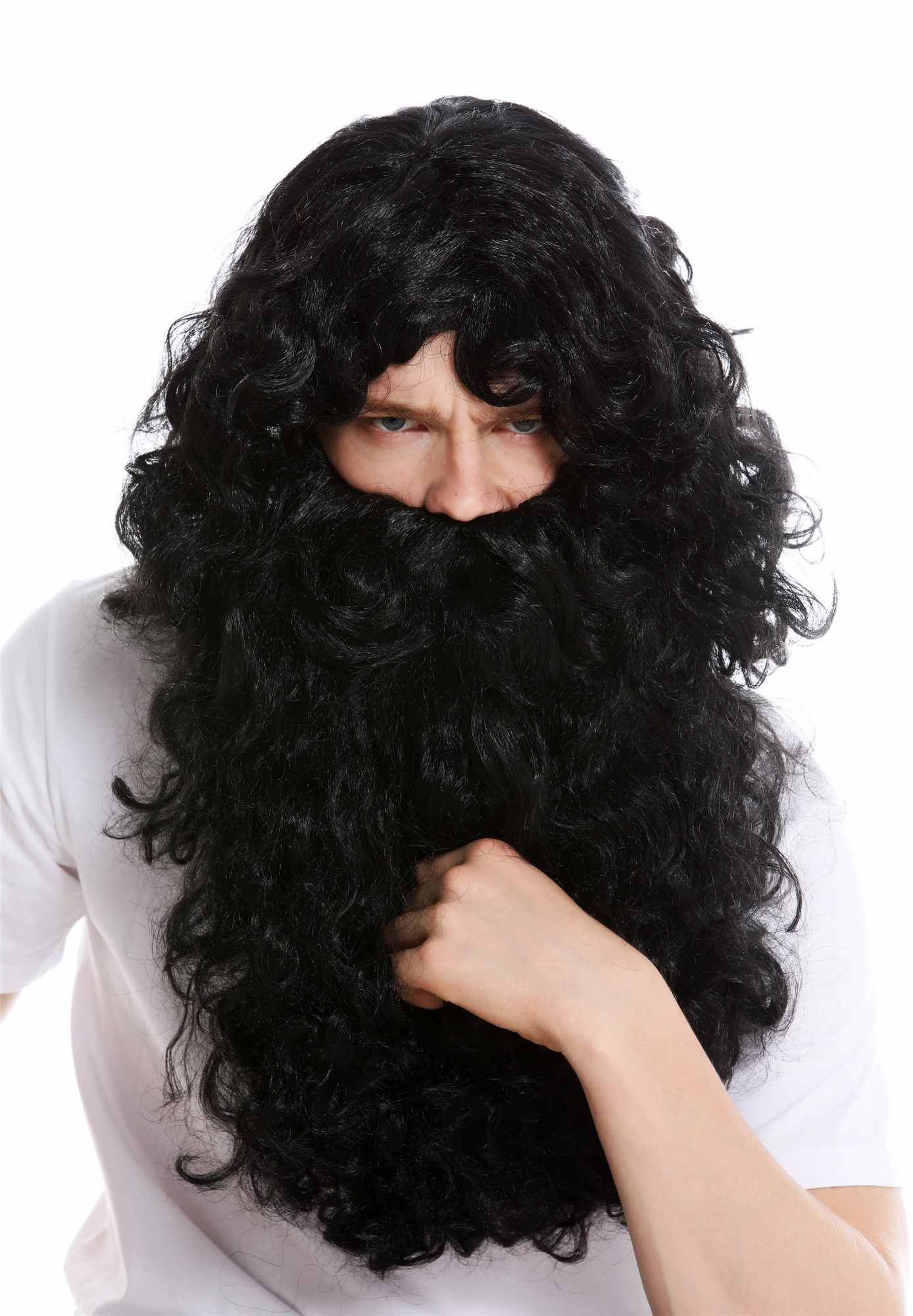 Wig & Beard set Deluxe Saint Nicholas prophet hermit magician black 46-A+B, front view, WIG ME UP: Your Perücken Online Shop Party Wig, Men, pitch black, curled, short