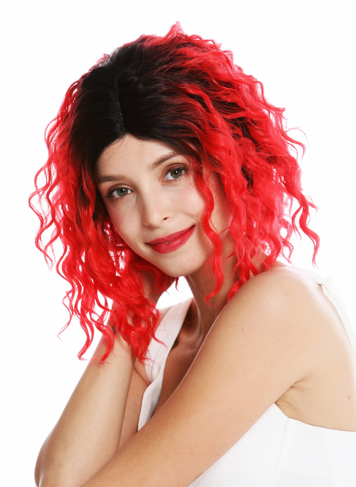 Monofilament lace front lady wig shoulder short curled ombre black red VK-15-MF, view 3, WIG ME UP: Your Perücken Online Shop Quality Wigs, Ladies, red-black mix, curled, shoulder-length