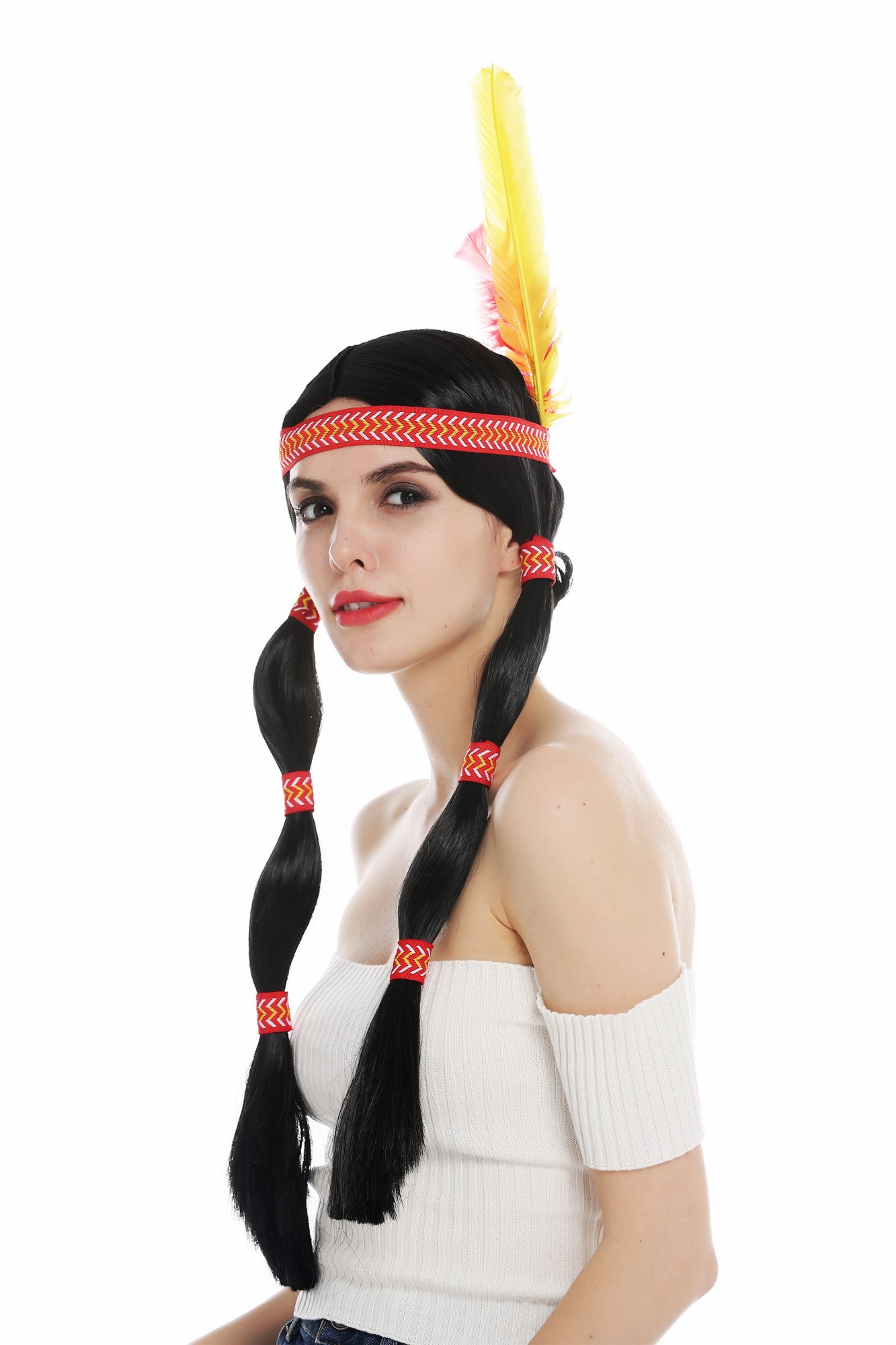 Women's wig Native American woman Wild West braids black head band feather 6081, view 2, WIG ME UP: Your Perücken Online Shop Party Wig, Ladies, pitch black, straight, long