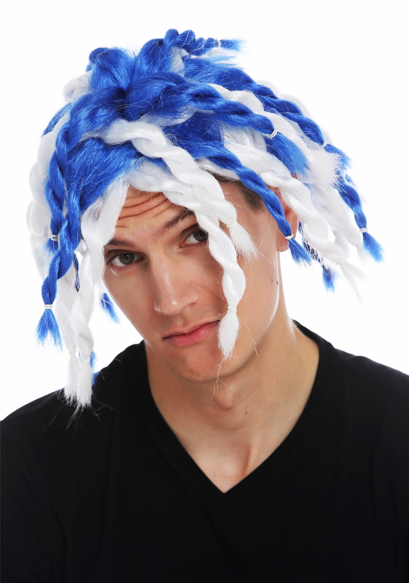 Carnival fan wig men women blue white plaited rasta dreadlocks medium long 69007, front view, WIG ME UP: Your Perücken Online Shop Party Wig, Unisex, white-blue mix, Braided, shoulder-length