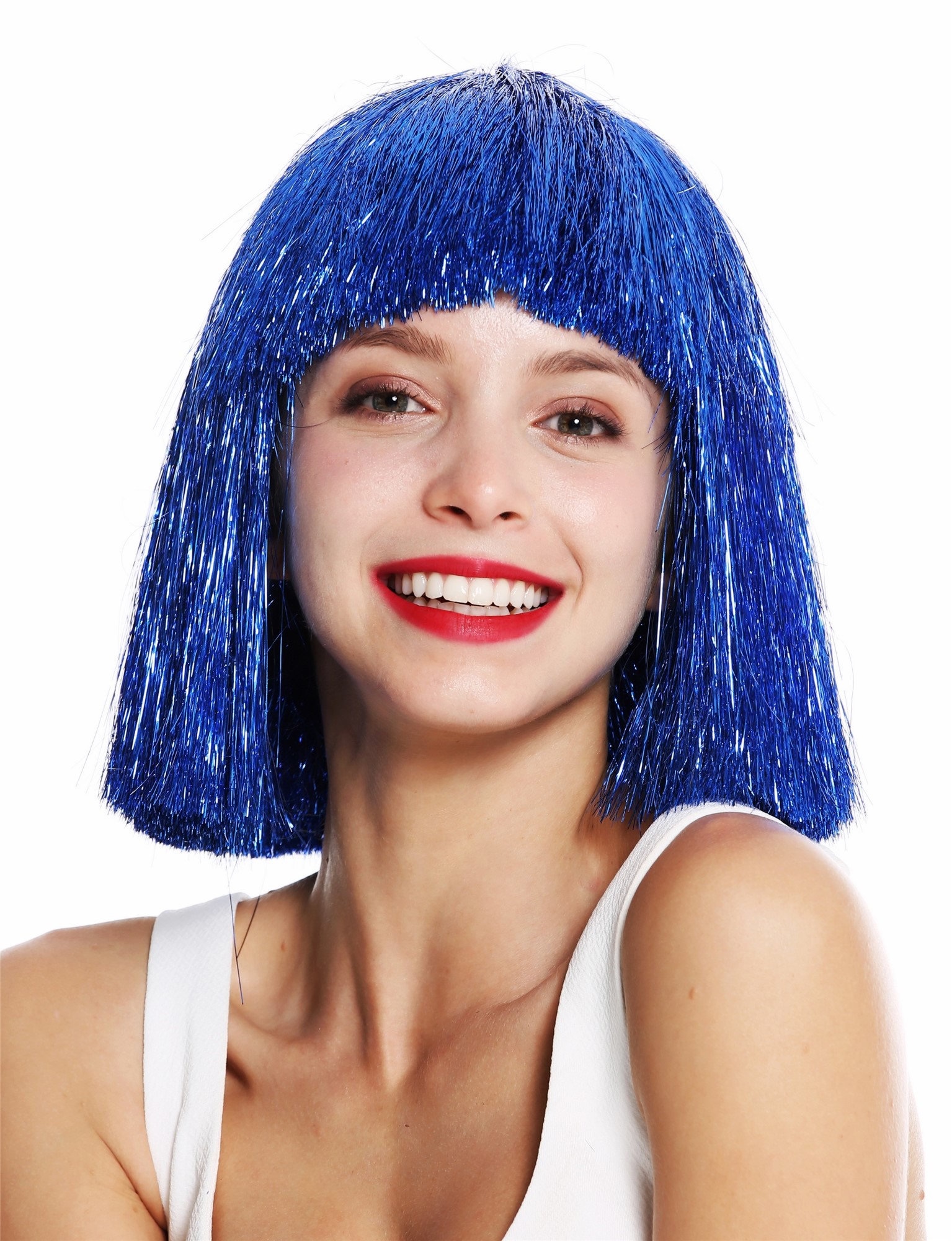 Women's wig sleek fringe bangs shoulder length blue tinsel glitter VK-42, front view, WIG ME UP: Your Perücken Online Shop Quality Wigs, Ladies, neon blue, straight, shoulder-length
