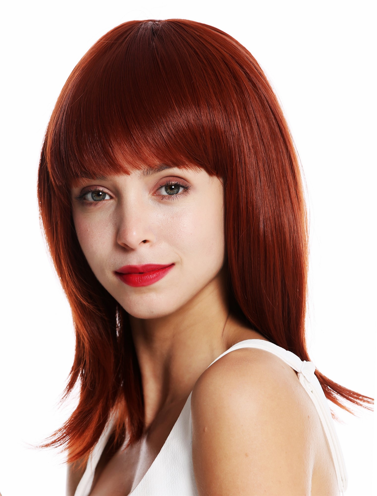 hochwertige Qualitätsperücken, Perücke schulterlang gestuft Pony Kupfer Rot 0530-10-350, Ansicht 3, WIG ME UP: Ihr Perücken Online Shop glatte Tressen-Perücke mit Kopfhaut-Imitat Kupferrot schulterlange Haare für Damen