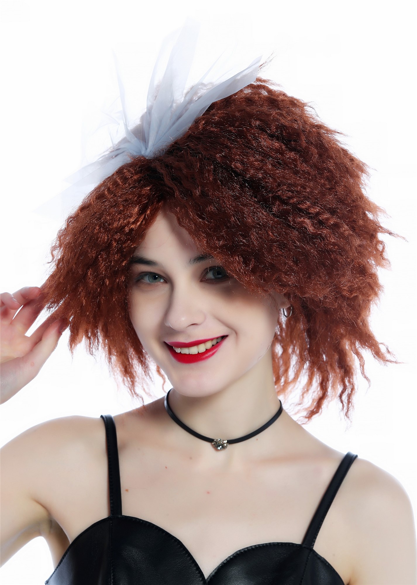 günstige Party Perücke, Perücke Braun gekreppt Krepplocken wild voluminös 80er Jahre Schleife 91874-P33A, Ansicht 2, WIG ME UP: Ihr Perücken Online Shop lockige Party Perücke Mahagoni schulterlange Haare für Damen
