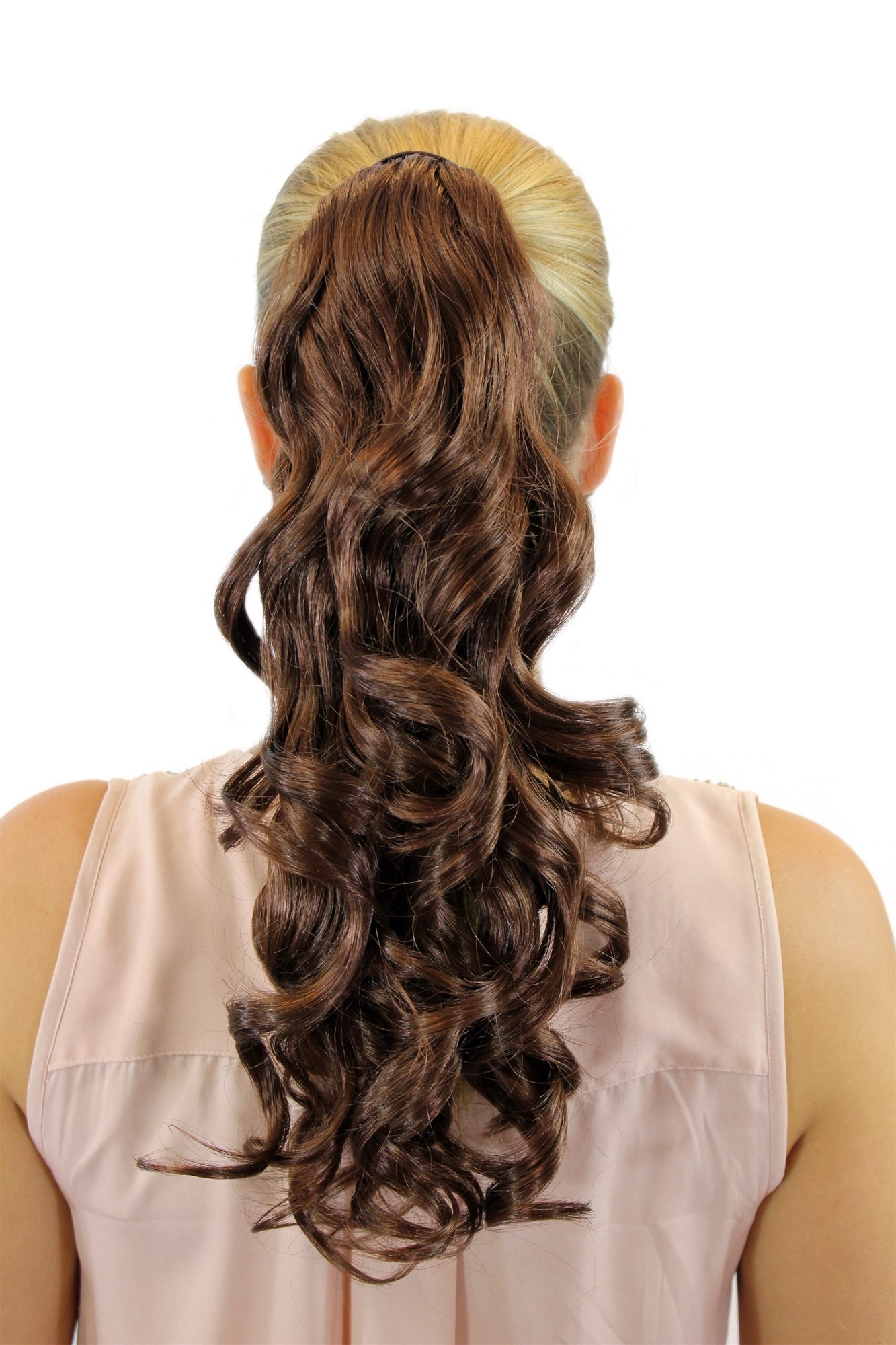 ROSY-33 Hairpiece PONYTAIL with comb and snapwrap long wavy slightly curled dark auburn red brown mahogany 18", front view, WIG ME UP: Your Perücken Online Shop Ponytails, reddish brown, wavy, shoulder-length