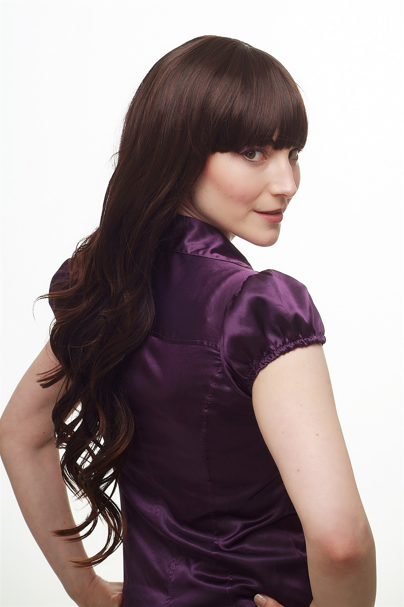 Lady  Wig LONG straight slightly wavy cute bangs fringe DARK BROWN + strands mahogany, view 3, WIG ME UP: Your Perücken Online Shop Quality Wigs, Ladies, Brown, wavy, very long