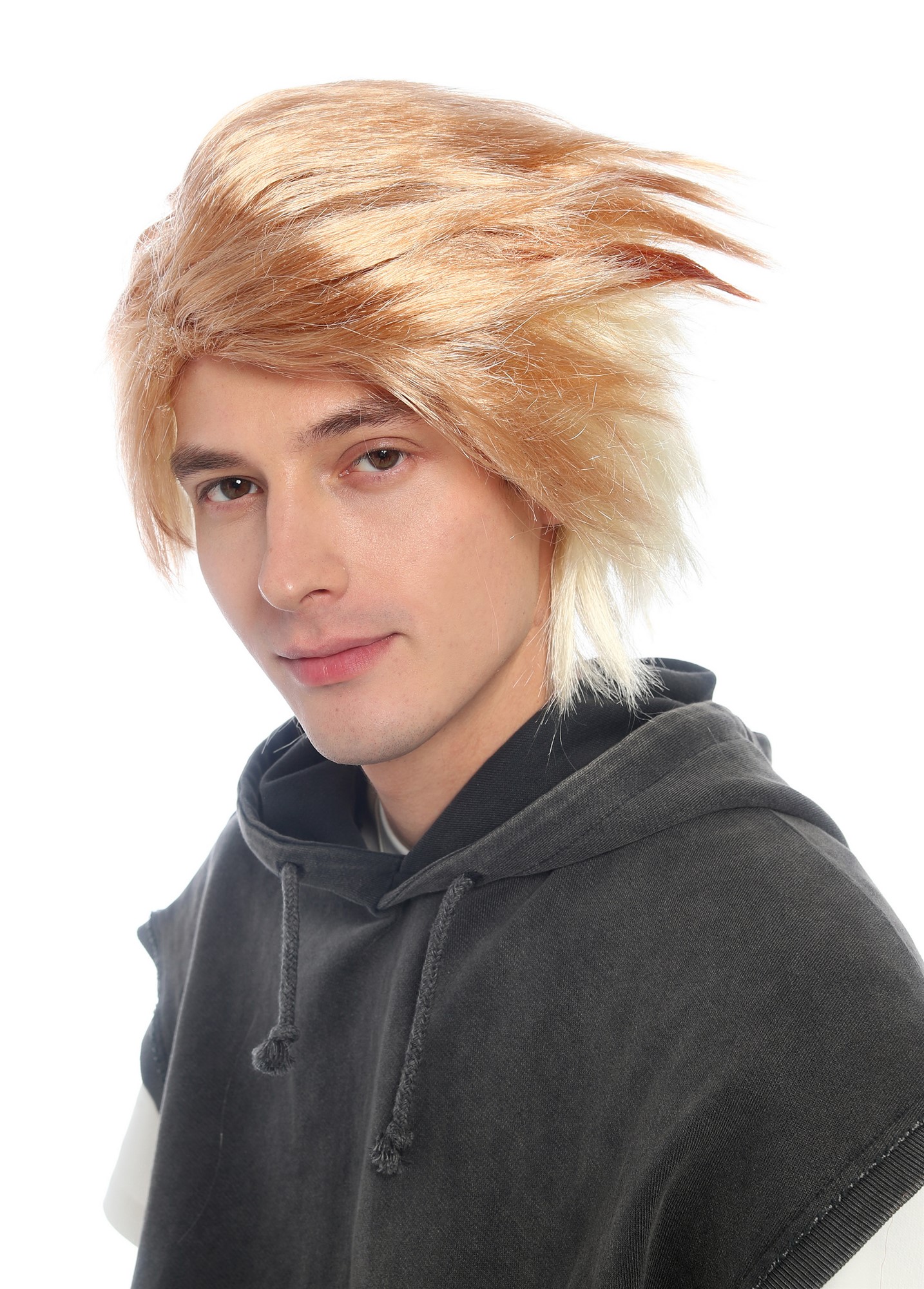 wellige Party-Perücke Blond mit Hellblond und roter Strähne 35 cm lange Perücke für Unisex