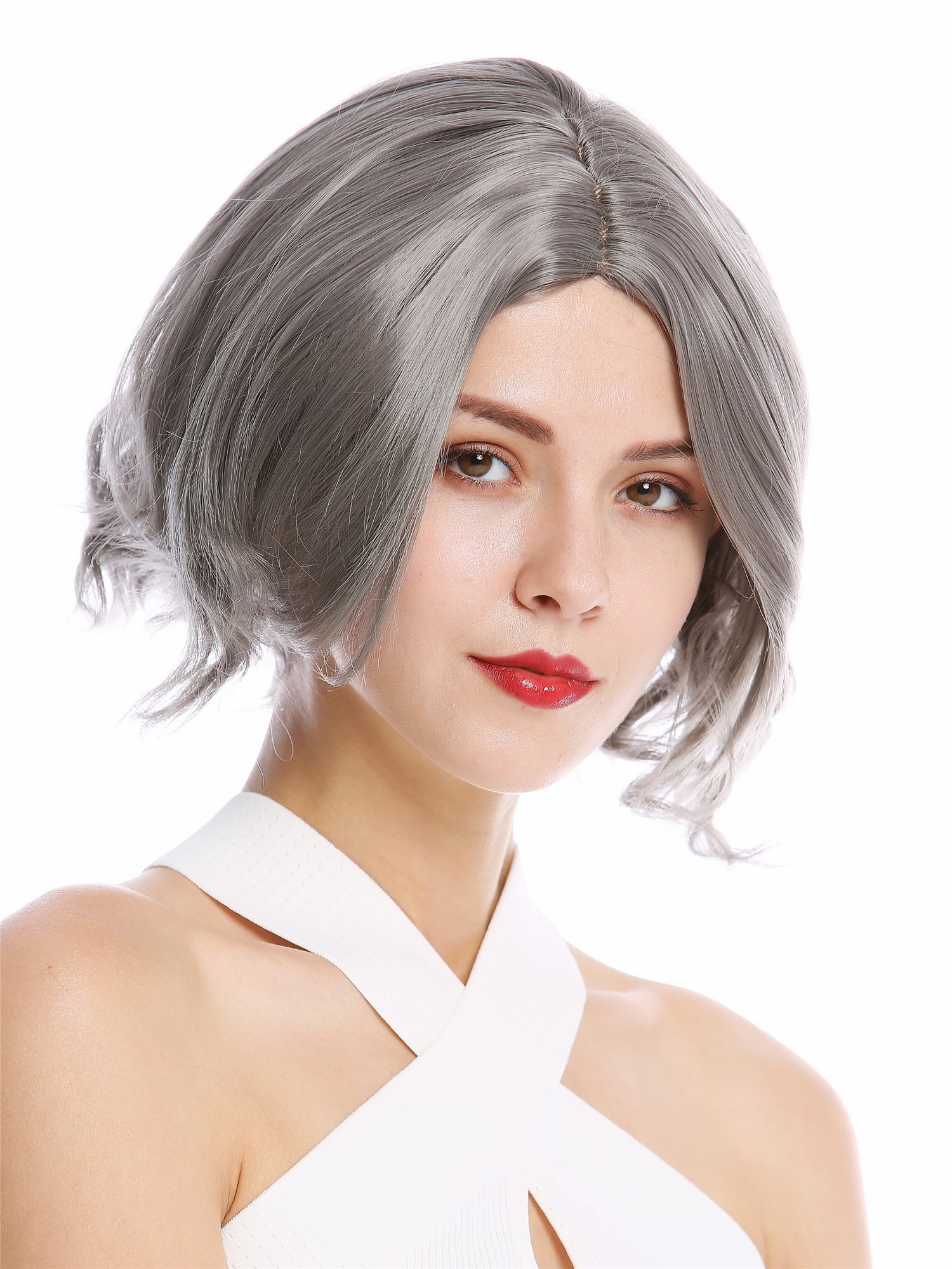 hochwertige Qualitätsperücken, Perücke kurz Longbob Mittelscheitel wellig grau YZF-4359-171, Ansicht 2, WIG ME UP: Ihr Perücken Online Shop wellige Tressen-Perücke mit Kopfhaut-Imitat Dunkelgrau kurze Haare für Damen