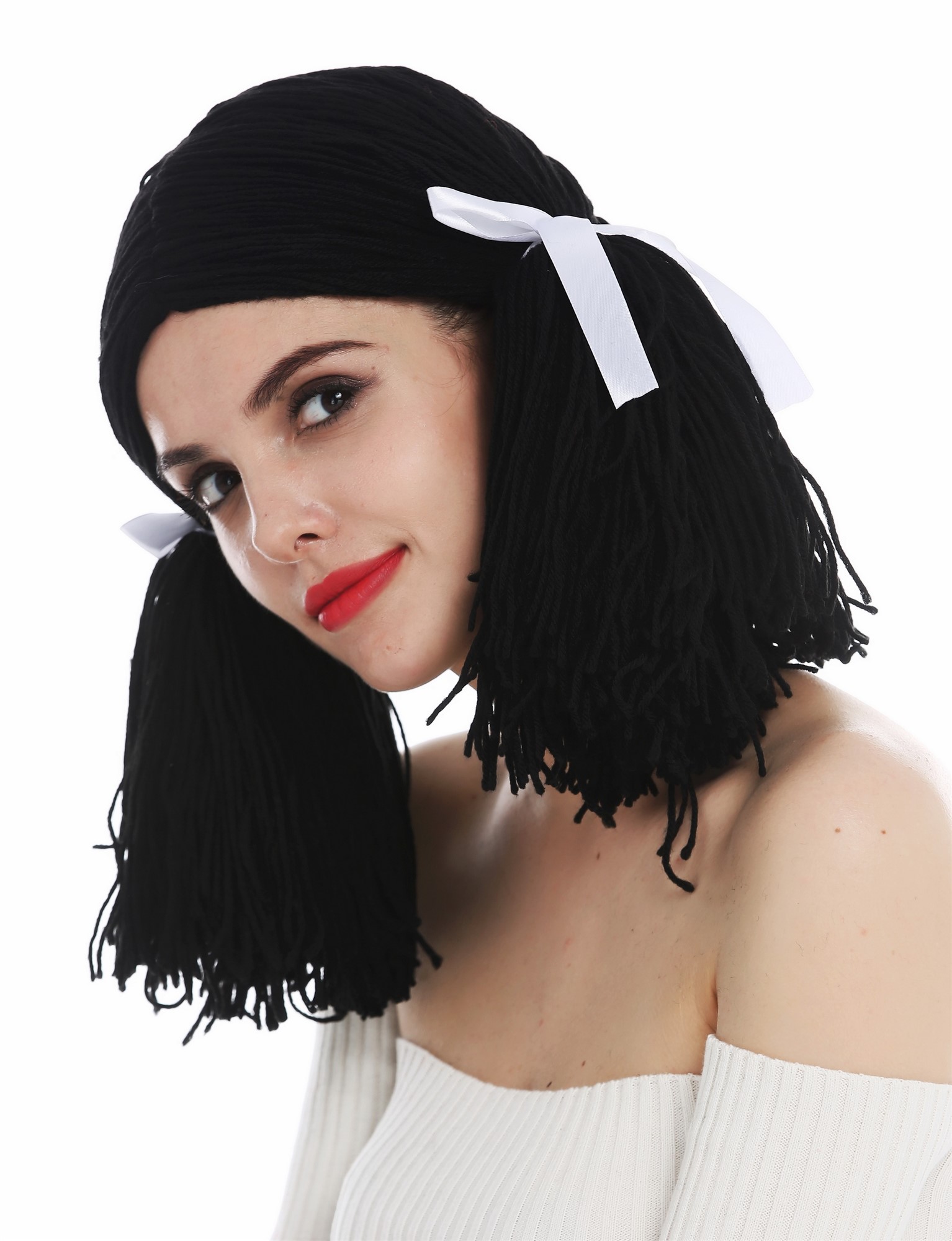 günstige Party Perücke, Perücke Puppe Puppenhaar Schwarz Zöpfe 3208-P103, Ansicht 2, WIG ME UP: Ihr Perücken Online Shop wellige Party Perücke Pechschwarz schulterlange Haare für Damen
