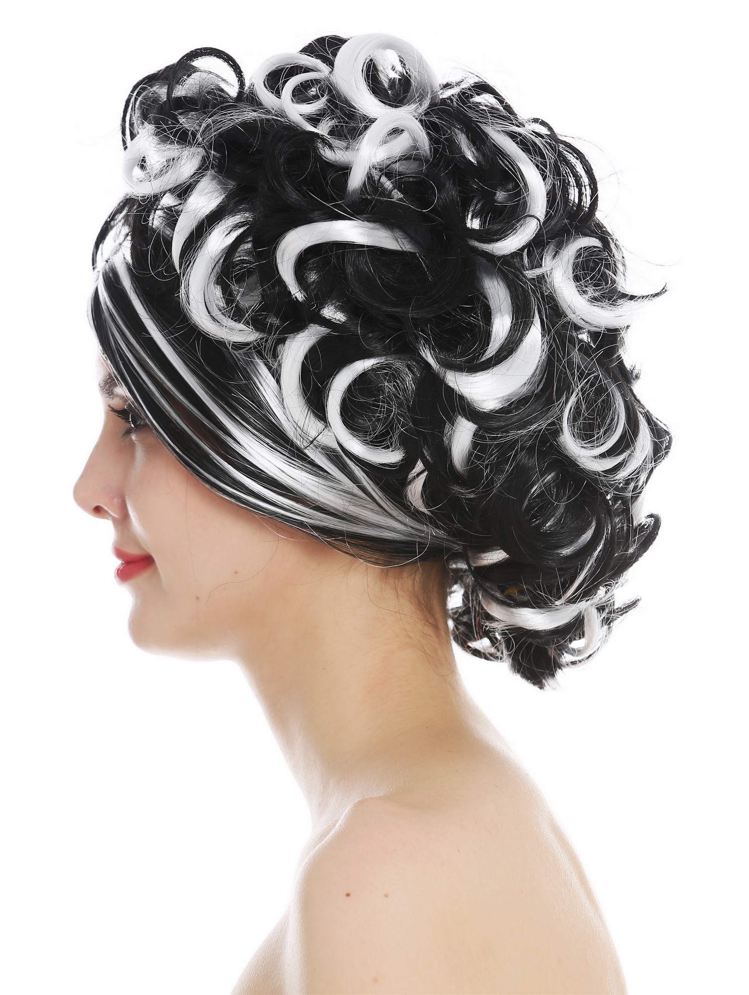 Women's wig lady Halloween carnival short curls black white highlights 31717, view 4, WIG ME UP: Your Perücken Online Shop Party Wig, Ladies, deep black and white mix, curled, short