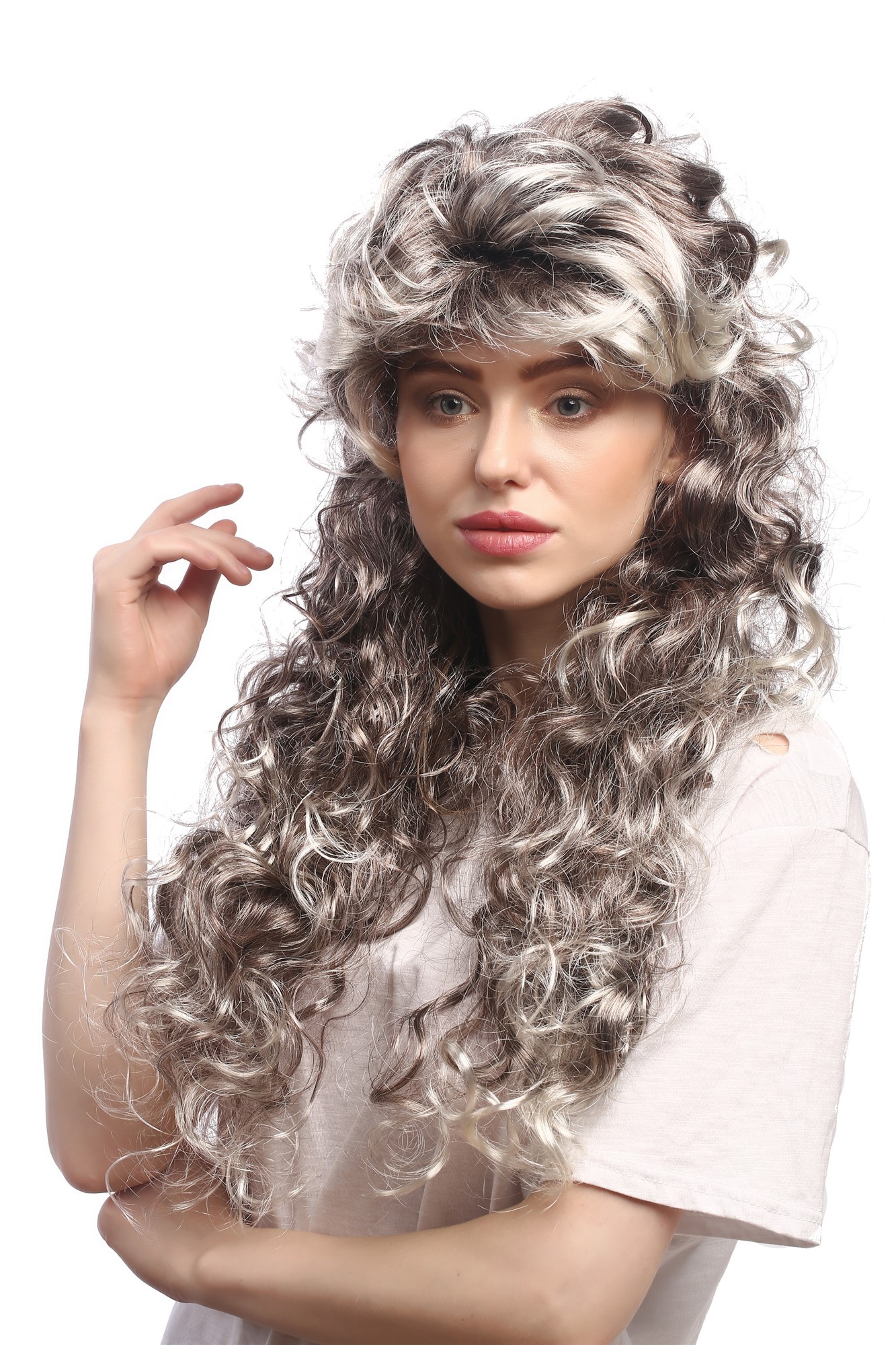 Men Party Wig historic Cosplay Baroque Renaissance Lord Noble King Louis brown grey curls volume, front view, WIG ME UP: Your Perücken Online Shop Party Wig, Unisex, Grey, curled, very long
