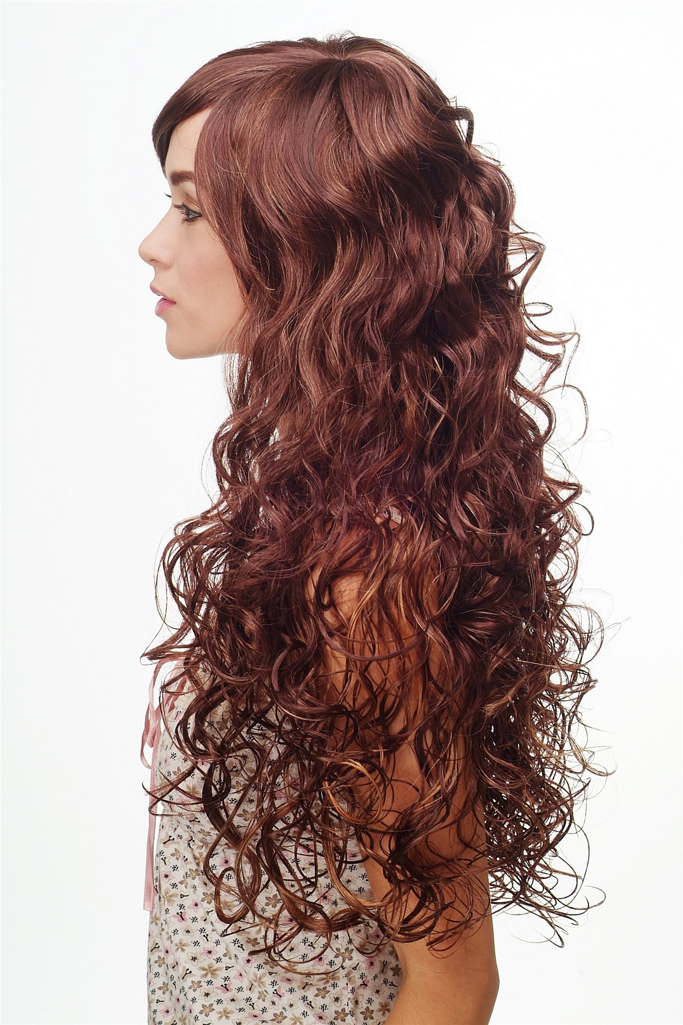hochwertige Qualitätsperücken, Damenperücke Volumen Locken Mahagoni Braun Blond Modell: DW1086A, Ansicht 3, WIG ME UP: Ihr Perücken Online Shop lockige Tressen-Perücke mit Kopfhaut-Imitat Braun-Blond-Mix lange Haare für Damen