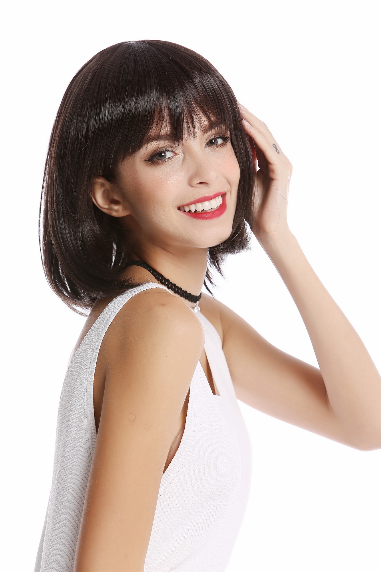 hochwertige Qualitätsperücken, Perücke Longbob Pony kurz Braun YZF-4362-4/8, Vorderansicht, WIG ME UP: Ihr Perücken Online Shop glatte Tressen-Perücke Braun-Mix kurze Haare für Damen