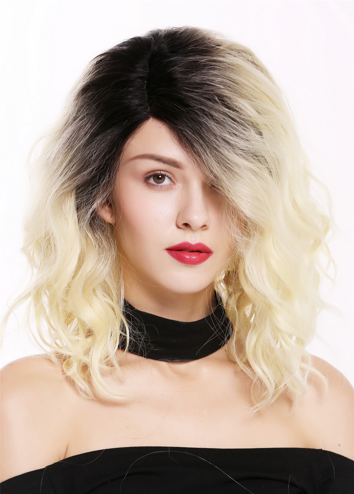 Lady wig lace front mono curls voluminous parting ombre black blonde LO1702-MF, front view, WIG ME UP: Your Perücken Online Shop Quality Wigs, Ladies, straw blonde-black brown mix, wavy, shoulder-length