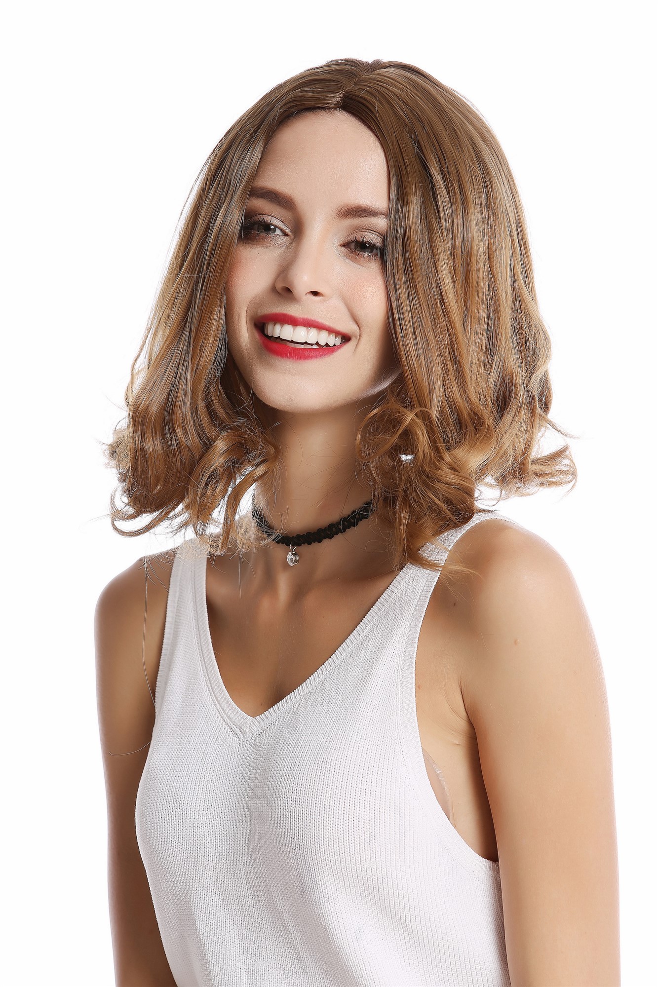 hochwertige Qualitätsperücken, Perücke Longbob Blond Mittelscheitel YZF-4369-27, Vorderansicht, WIG ME UP: Ihr Perücken Online Shop lockige Tressen-Perücke Blond schulterlange Haare für Damen