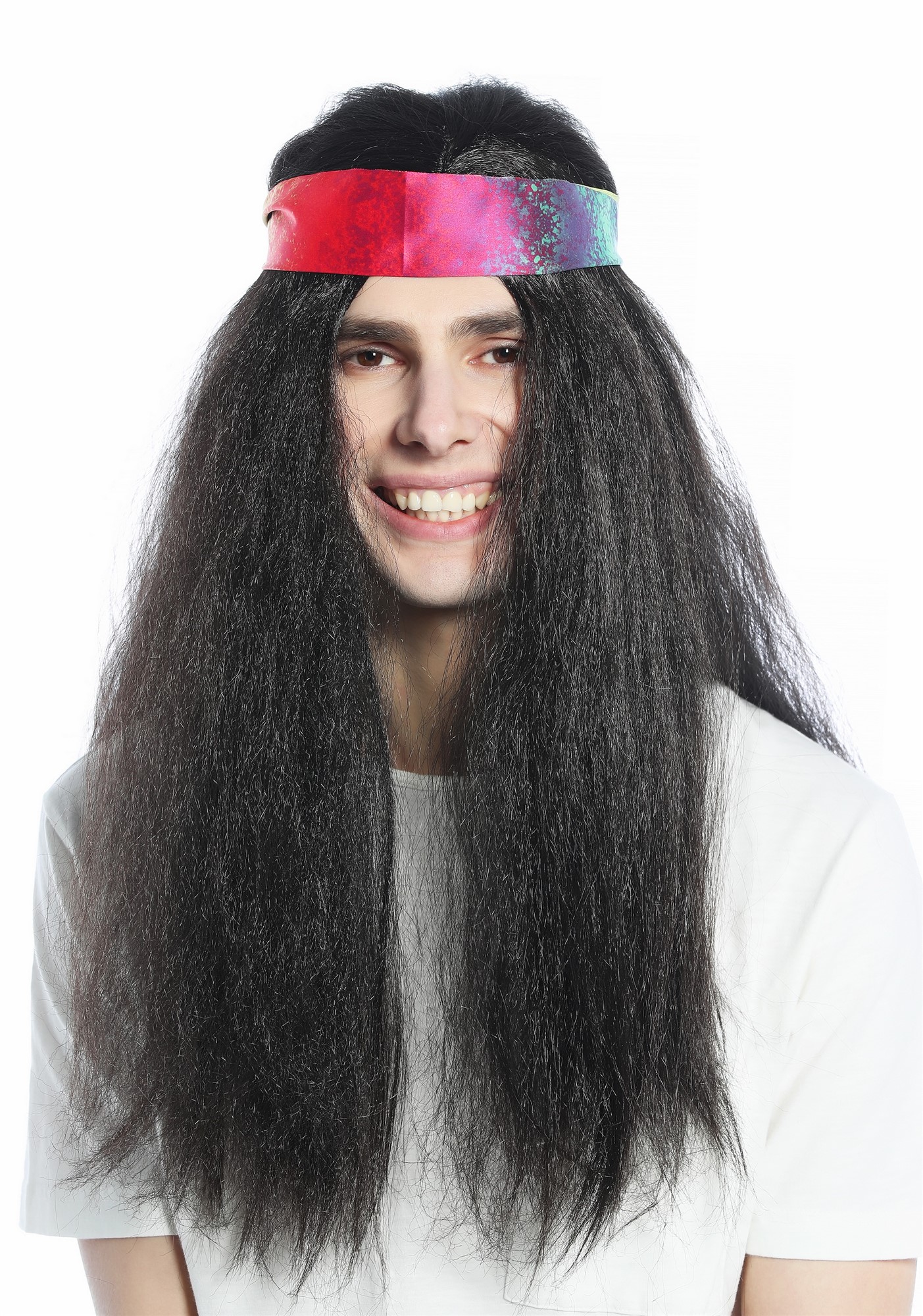 CW-028-P1 Halloween Carnival wig & headband set men women long black 70s Hippie, front view, WIG ME UP: Your Perücken Online Shop Party Wig, Unisex, black-brown, wavy, long
