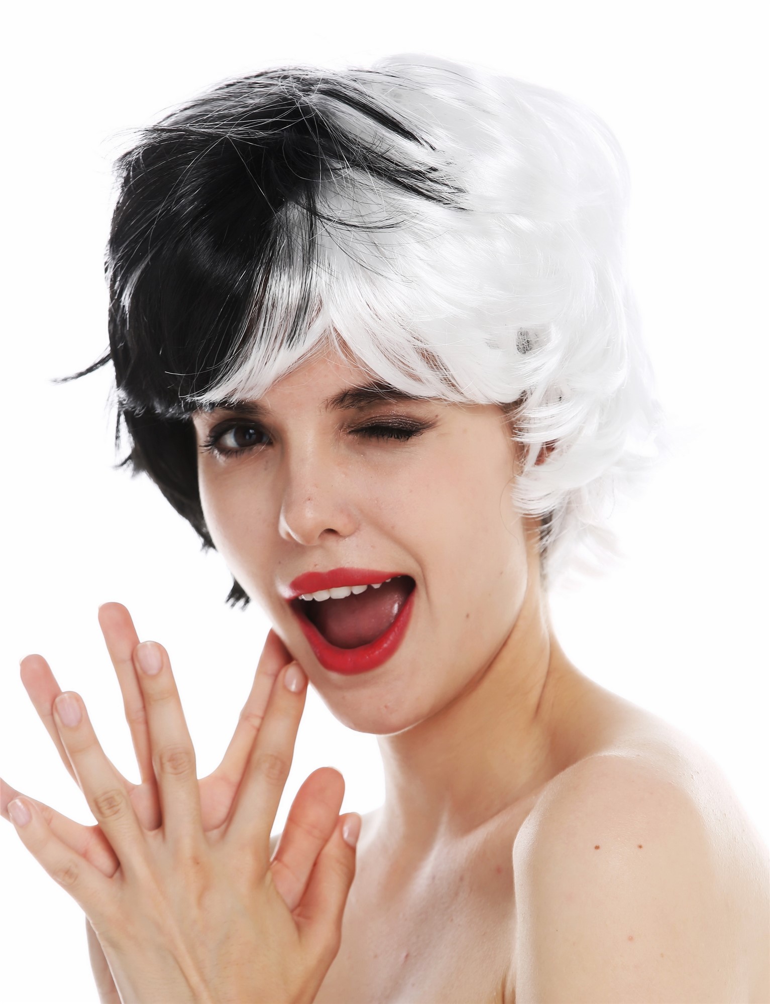 Wig carnival women short wild crazy black white half and half witch QSS-229 , view 3, WIG ME UP: Your Perücken Online Shop Party Wig, Ladies, deep black and white mix, wavy, short