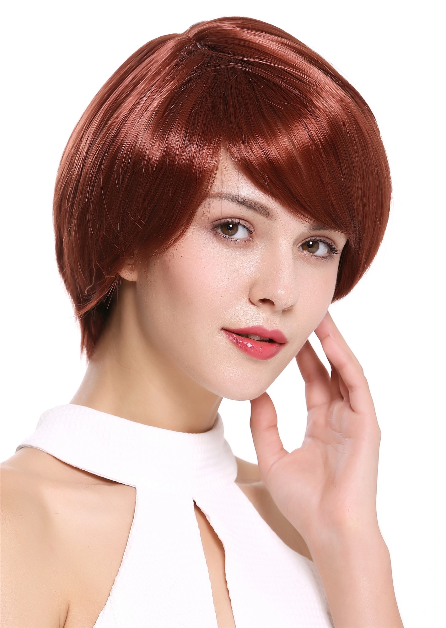 Lady Woman Wig Longbob Bob short straight red copper red long fringe parted 6082, view 2, WIG ME UP: Your Perücken Online Shop Quality Wigs, Ladies, copper, straight, short