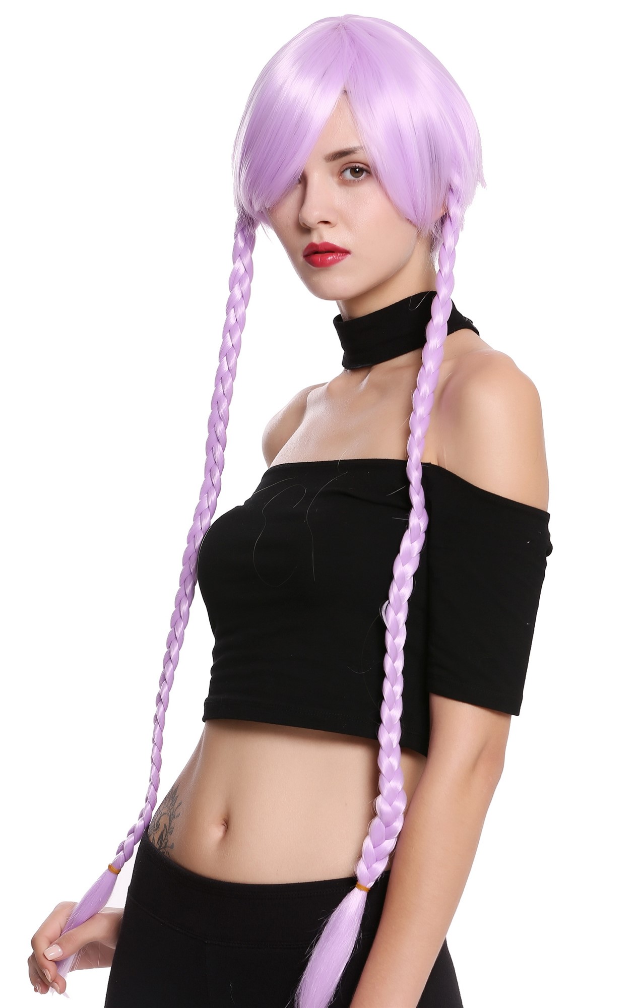 Lady Cosplay Wig short bob with long, thin braided plaits light purple SA093 L, front view, WIG ME UP: Your Perücken Online Shop Quality Wigs, Ladies, neon violet, Braided, very long