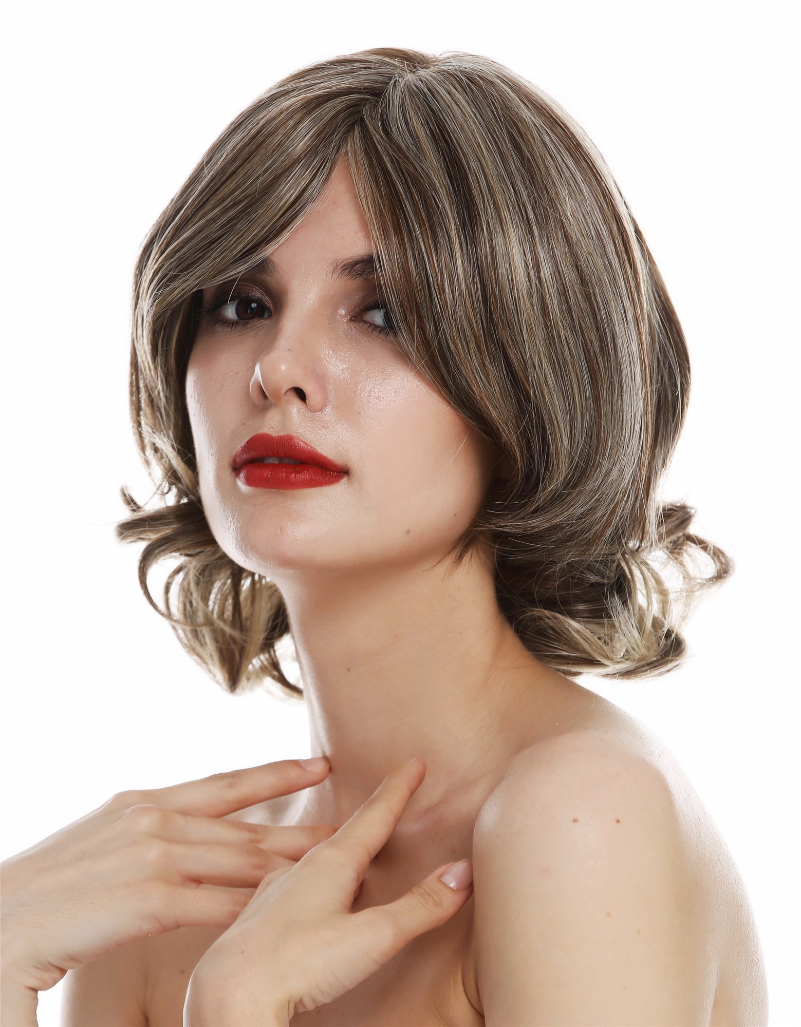 hochwertige Qualitätsperücken, Perücke Monofilament kurz wellig Braun Blond gesträhnt TYM-112-MT-CHOCO, Vorderansicht, WIG ME UP: Ihr Perücken Online Shop wellige Tressen-Perücke mit Teil-Mono Oberkopf Braun-Blond-Mix kurze Haare für Damen