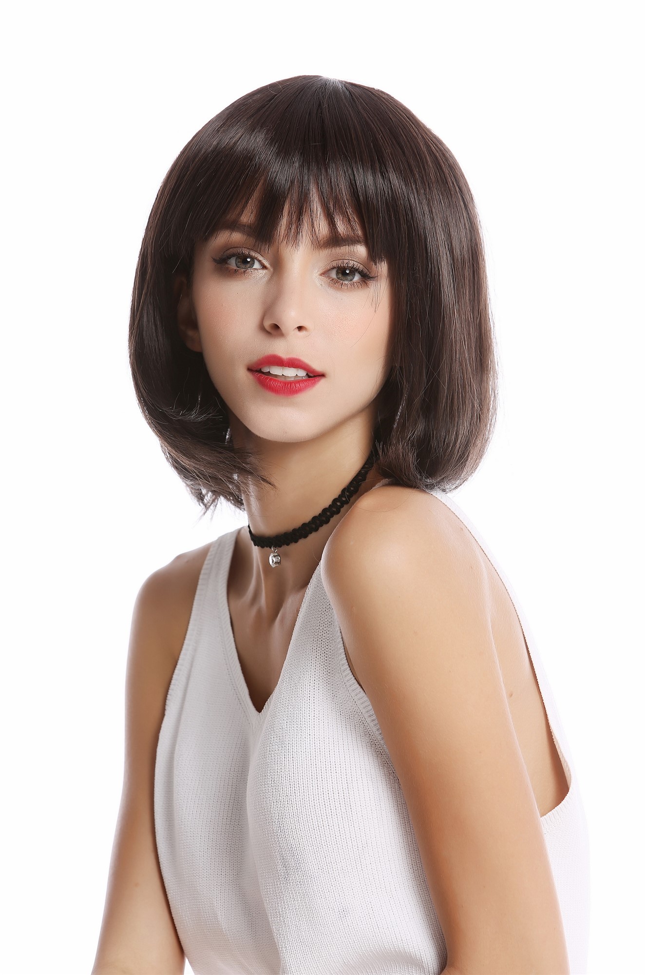 hochwertige Qualitätsperücken, Perücke Longbob Pony kurz Braun YZF-4362-4/8, Ansicht 3, WIG ME UP: Ihr Perücken Online Shop glatte Tressen-Perücke Braun-Mix kurze Haare für Damen