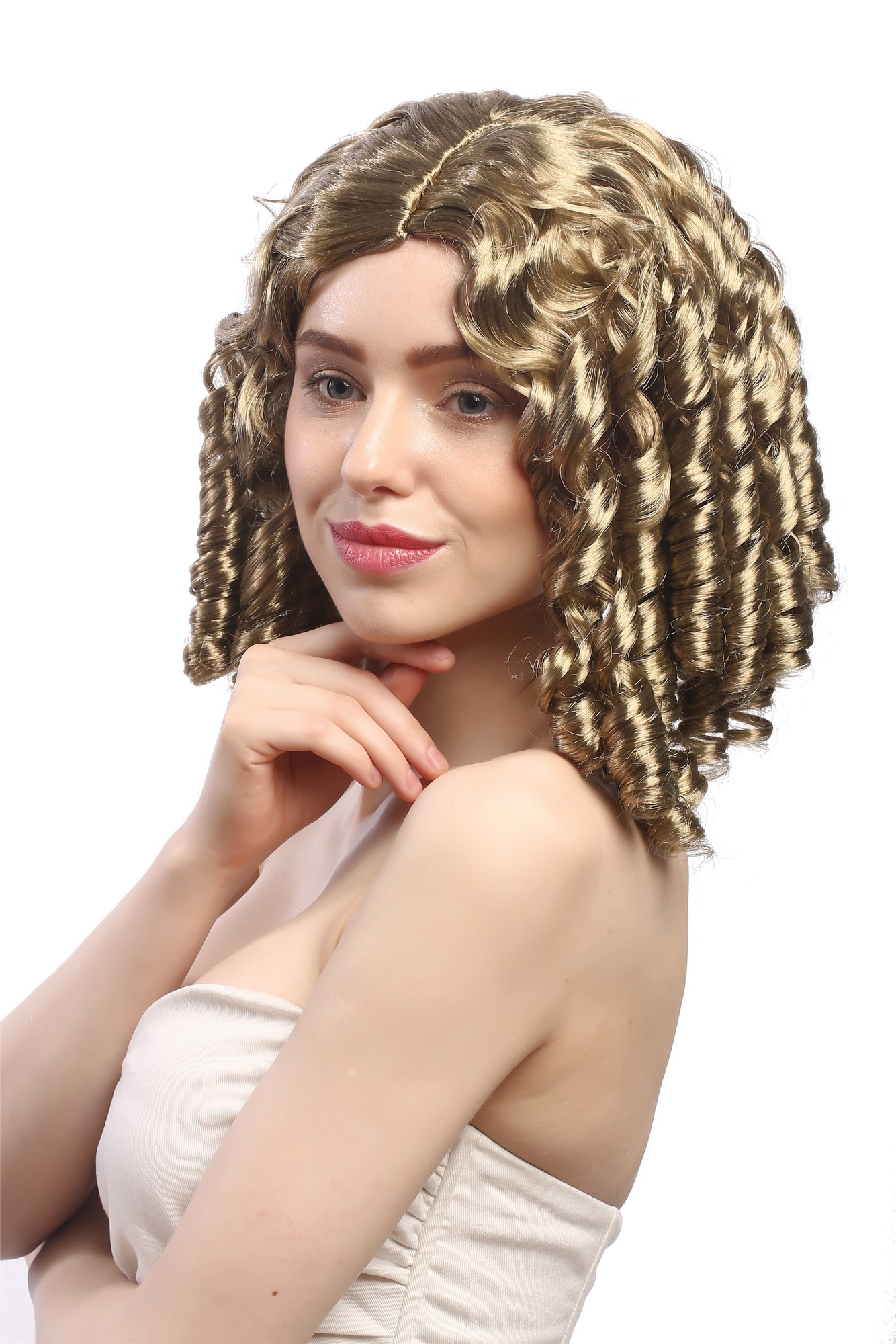Lady Party Wig Cosplay Baroque Victorian Gothic Lolita style curls coils middle parting Ash Blond, front view, WIG ME UP: Your Perücken Online Shop Party Wig, Ladies, Blonde, curled, shoulder-length