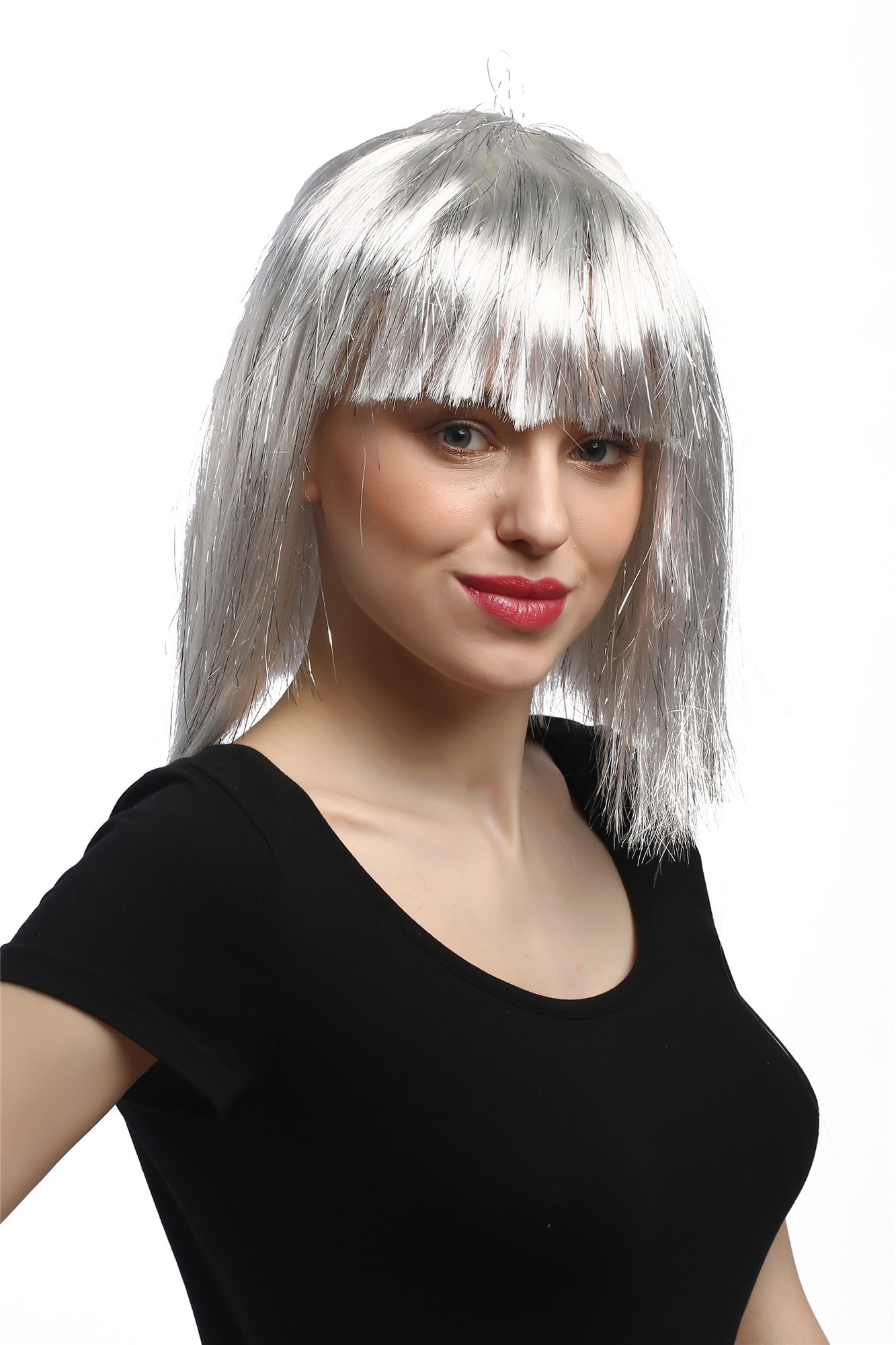 90658-ZA68-silver Lady Party Wig Halloween Sexy Sci-fi Disco Android grey with silver strand fringe, front view, WIG ME UP: Your Perücken Online Shop Party Wig, Ladies, White, straight, short