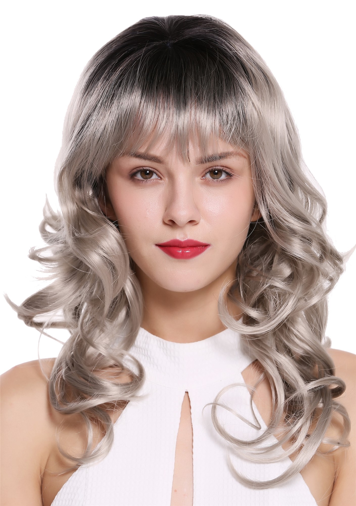 hochwertige Qualitätsperücken, Perücke Lang Locken Pony Ombre Grau 1002A-YS1+101, Ansicht 3, WIG ME UP: Ihr Perücken Online Shop lockige Tressen-Perücke mit Kopfhaut-Imitat Schwarz-Grau lange Haare für Damen