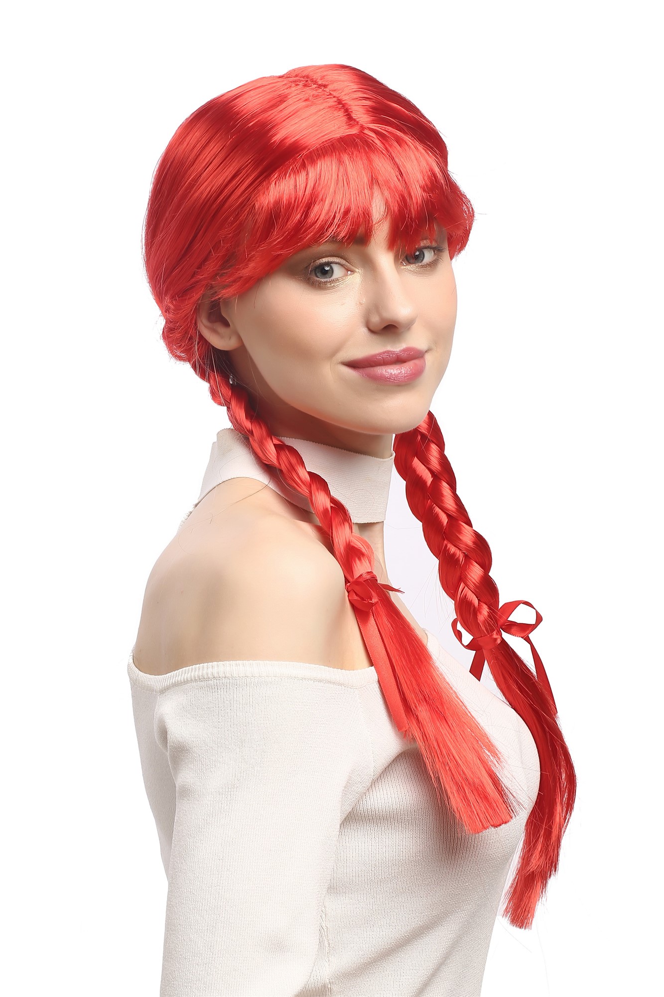 Lady Wig Halloween Lolita schoolgirl long braided plaits fringe red XR-008, front view, WIG ME UP: Your Perücken Online Shop Party Wig, Ladies, bright red, Braided, long
