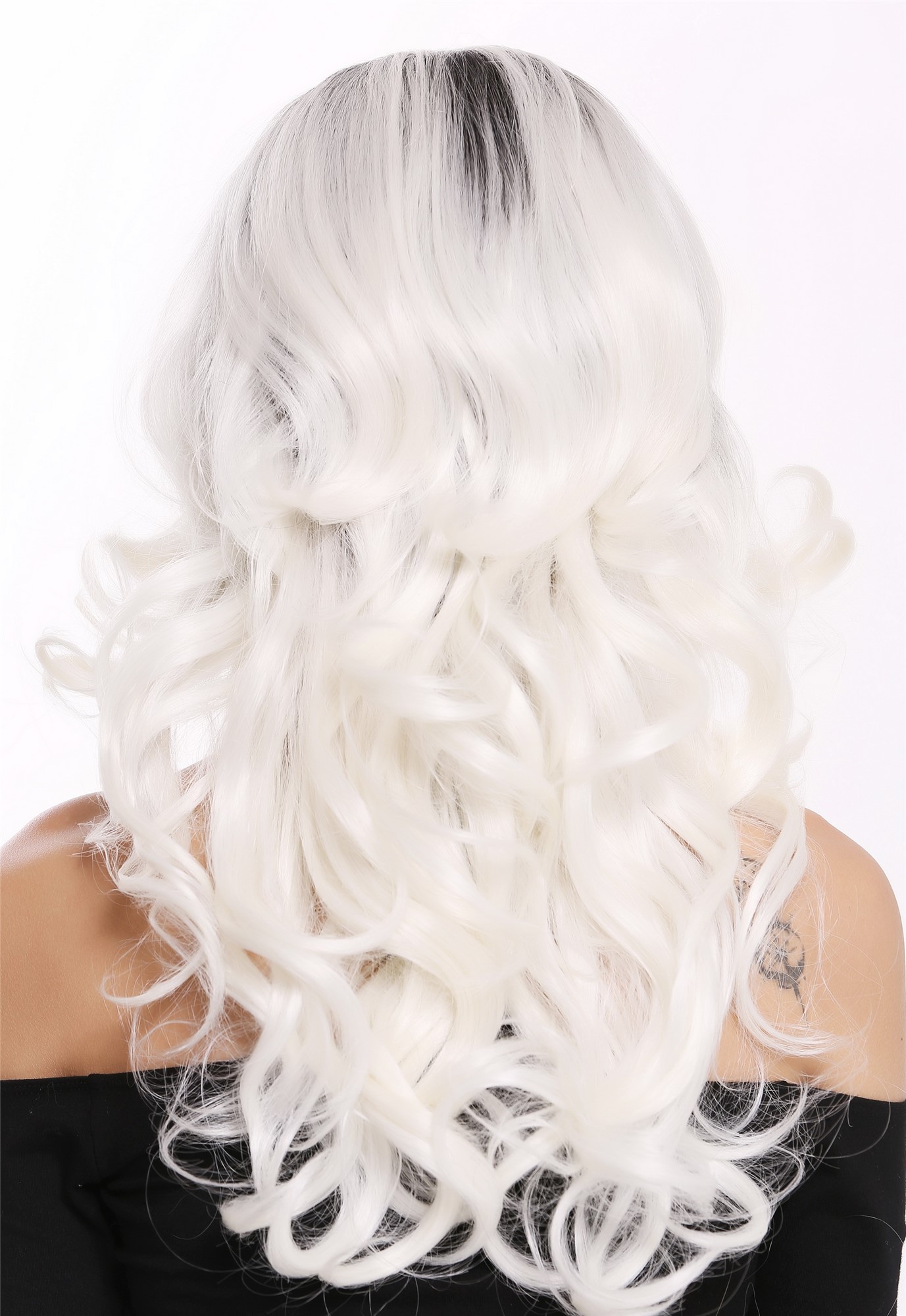 Quality Wigs, Ladies, deep black and flower white mix, curled, long