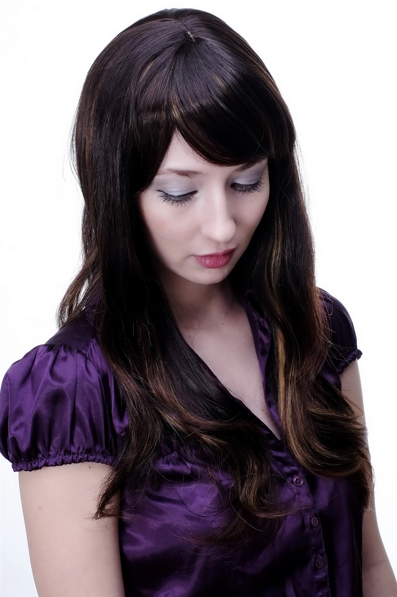 hochwertige Qualitätsperücken, Damen Perücke gesträhntes braun 9213-2T33-27, Ansicht 2, WIG ME UP: Ihr Perücken Online Shop glatte Tressen-Perücke mit Kopfhaut-Imitat Schwarzbraun Mahagonibraun Erdbeerblond lange Haare für Damen