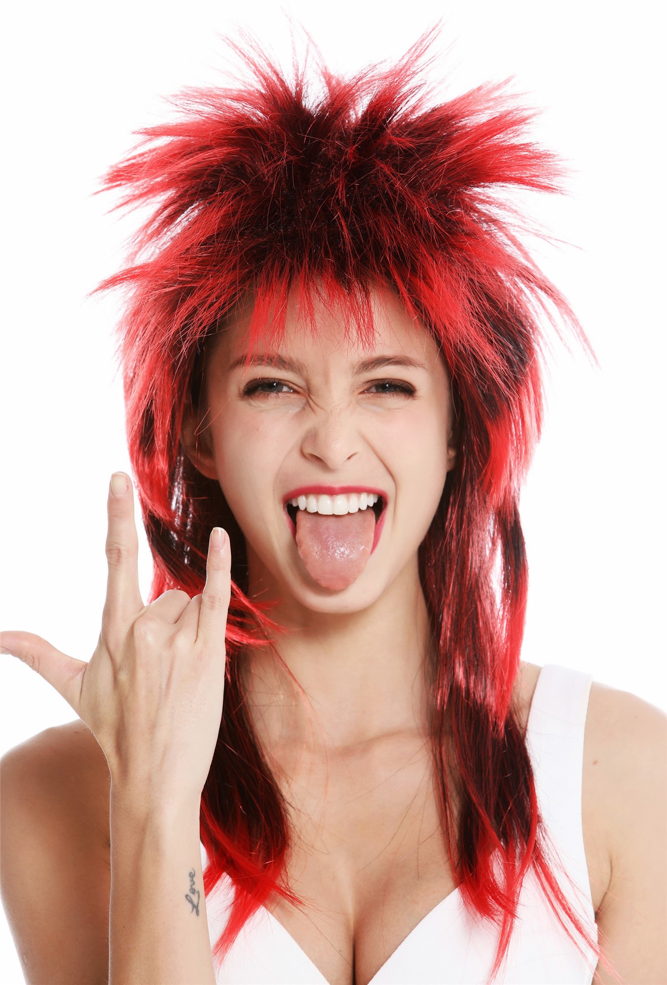 Party wig carnival punk mullet rocker wild 80's wave long black red DH1069, front view, WIG ME UP: Your Perücken Online Shop Party Wig, Unisex, black-red mix, straight, long
