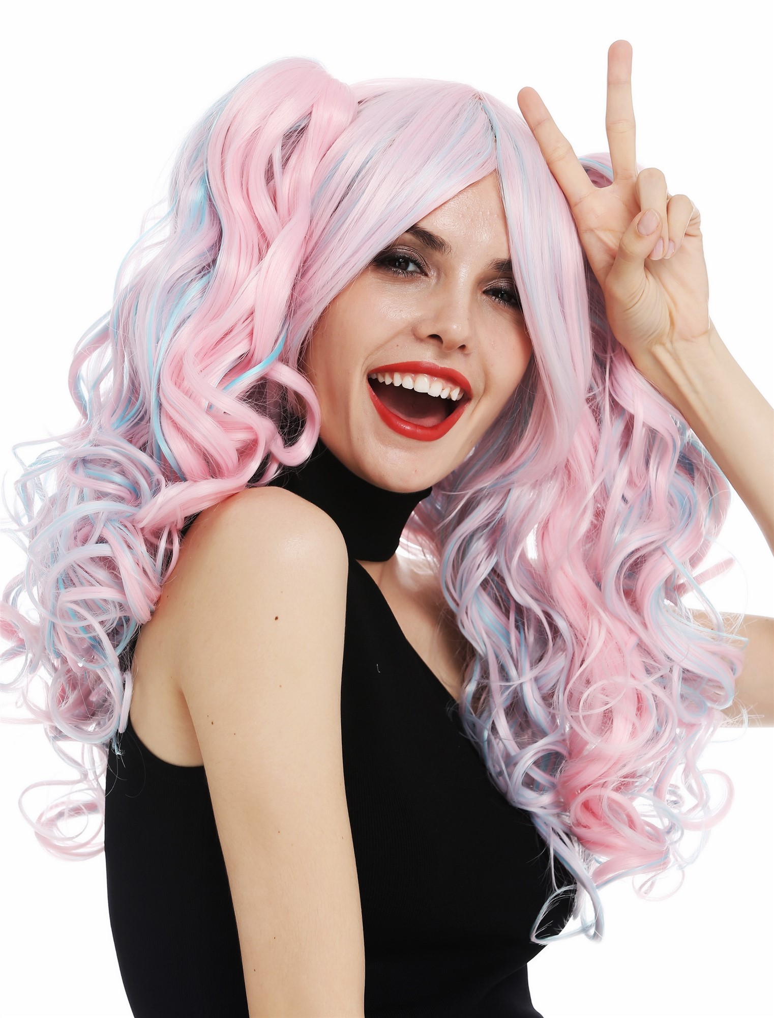 hochwertige Qualitätsperücken, Perücke Cosplay Lolita 2 Zöpfe Rosa Blau Mix lang lockig TYS-295+298-T1911HTF2513, Ansicht 5, WIG ME UP: Ihr Perücken Online Shop lockige Tressen-Perücke mit Kopfhaut-Imitat Rosa-Blau-Mix lange Haare für Damen