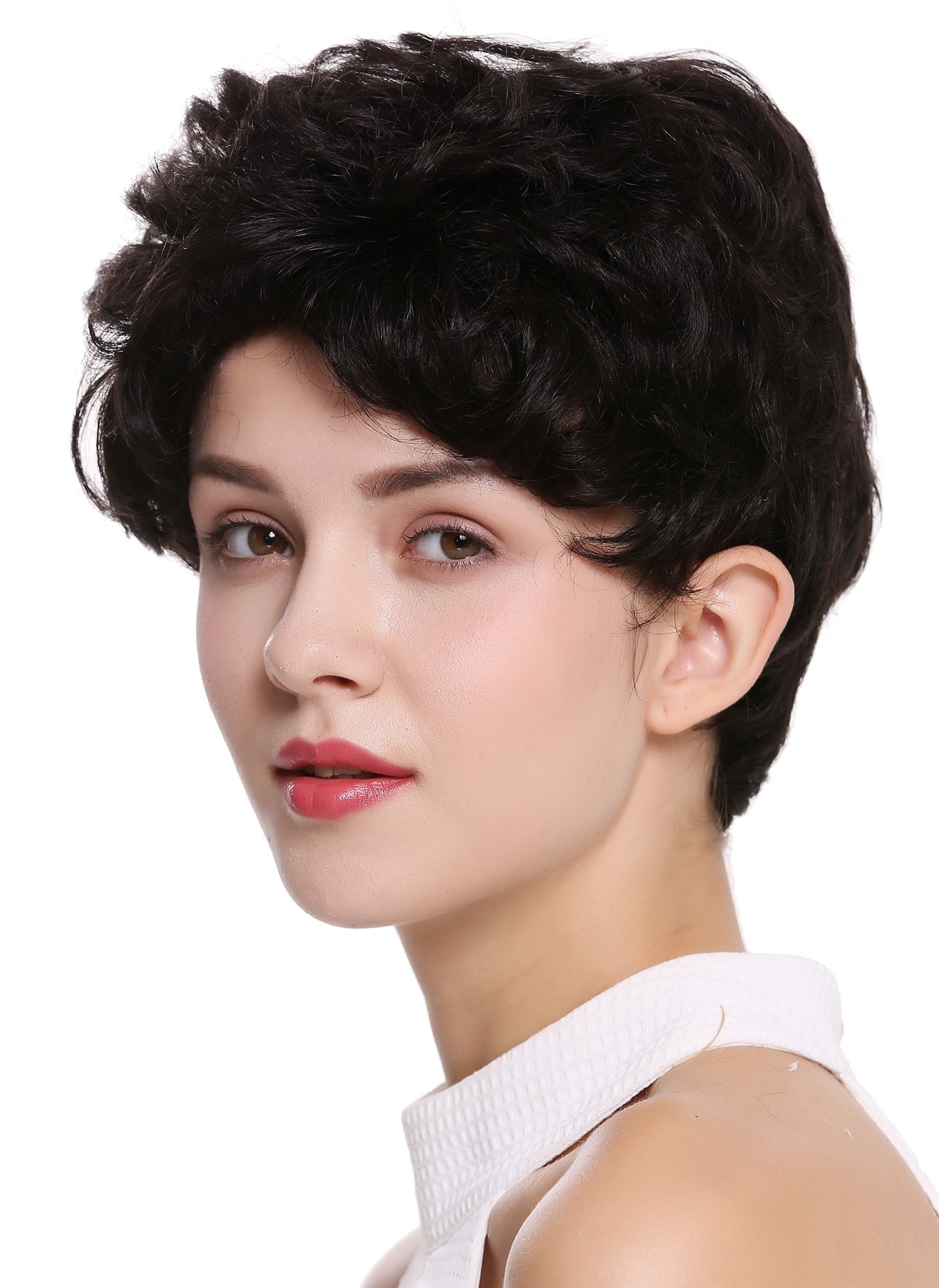 hochwertige Qualitätsperücken, Perücke Echthaar Herren Damen kurz schwarz NG-HH-13-1B, Ansicht 2, WIG ME UP: Ihr Perücken Online Shop wellige Tressen-Perücke 100% Echthaar Samtschwarz kurze Haare für Unisex