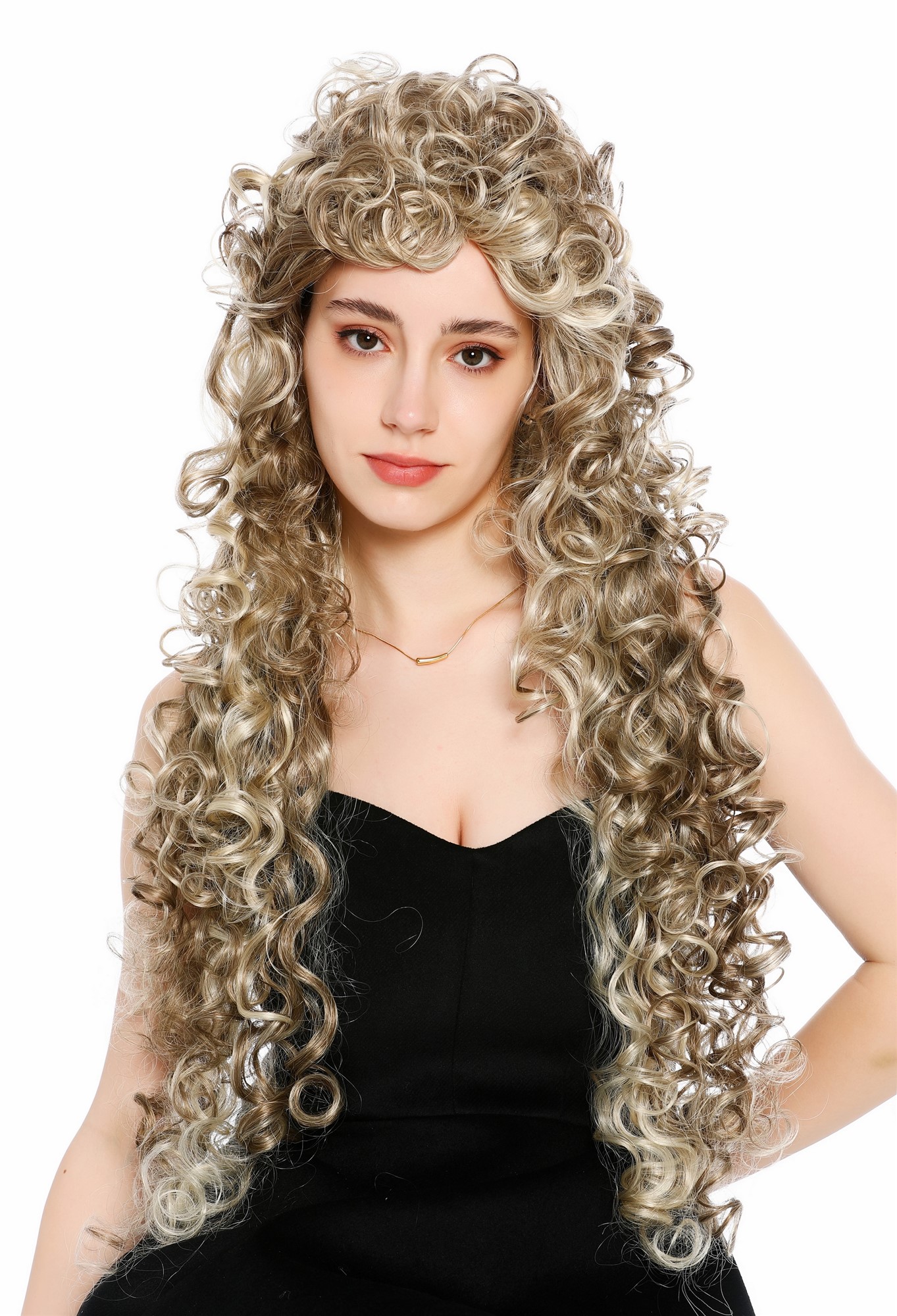 Perücke Damen sehr lang wild gelockt Locken Dunkelblond Hellblond gesträhnt VK-59-H16/613