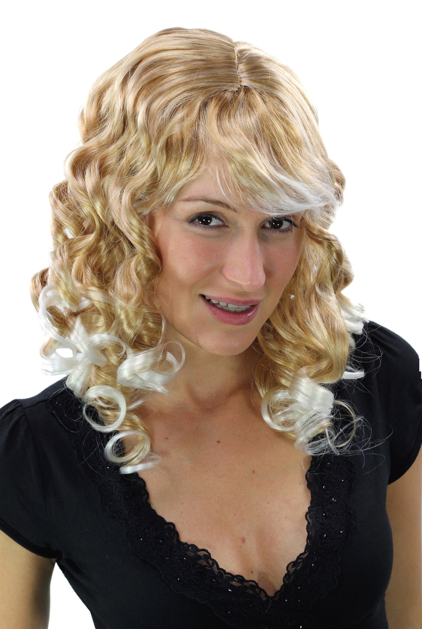 Party lady women wig long slightly curly blonde mix fringe Goldilocks LM-142, front view, WIG ME UP: Your Perücken Online Shop Party Wig, Unisex, blond mix, curled, long