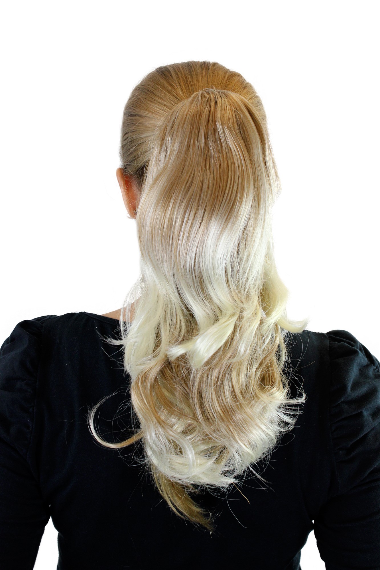 JL-0065-27T613 Ponytail Hairpiece extension medium length wavy blond streaked with platinum highlights claw clamp 16", front view, WIG ME UP: Your Perücken Online Shop Ponytails, strawberry blonde-platinum blonde mix, wavy, shoulder-length