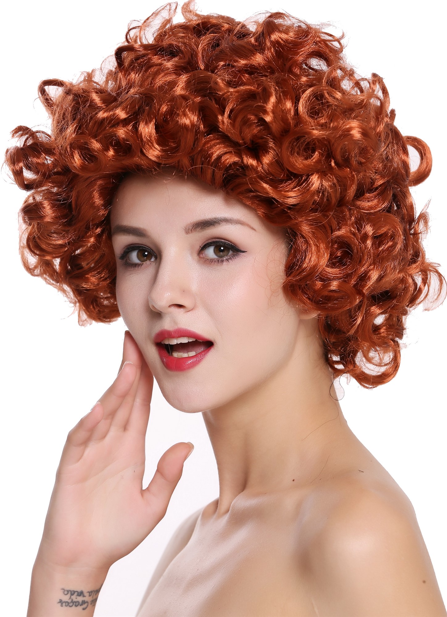 günstige Party Perücke, Perücke Kurz Locken Lockig Rot 80er 91074-ZA131, Vorderansicht, WIG ME UP: Ihr Perücken Online Shop lockige Party Perücke Rot schulterlange Haare für Damen