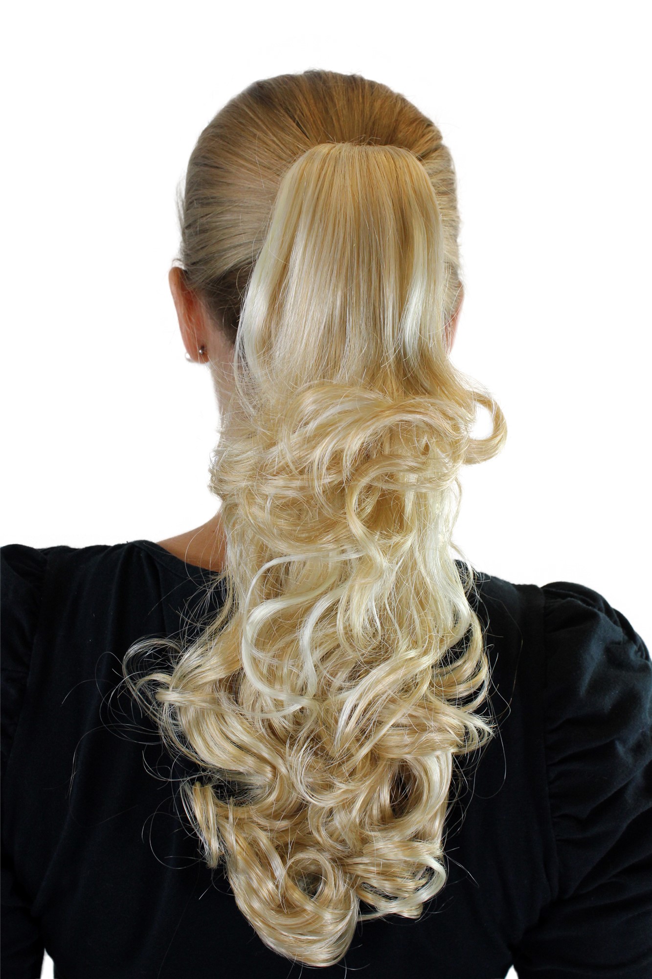 JL-0071-24BF6B Ponytail Hairpiece extension medium length curled curls light blond mix 16", front view, WIG ME UP: Your Perücken Online Shop Ponytails, light blonde-medium brown-copper brown mix, curled, shoulder-length