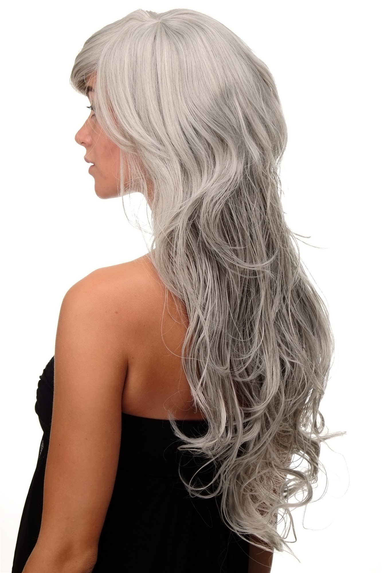 Lady  Wig wavy curly & slightly straggly ends wet-look long fringe (for side parting) grey, view 2, WIG ME UP: Your Perücken Online Shop Quality Wigs, Ladies, Grey, wavy, long