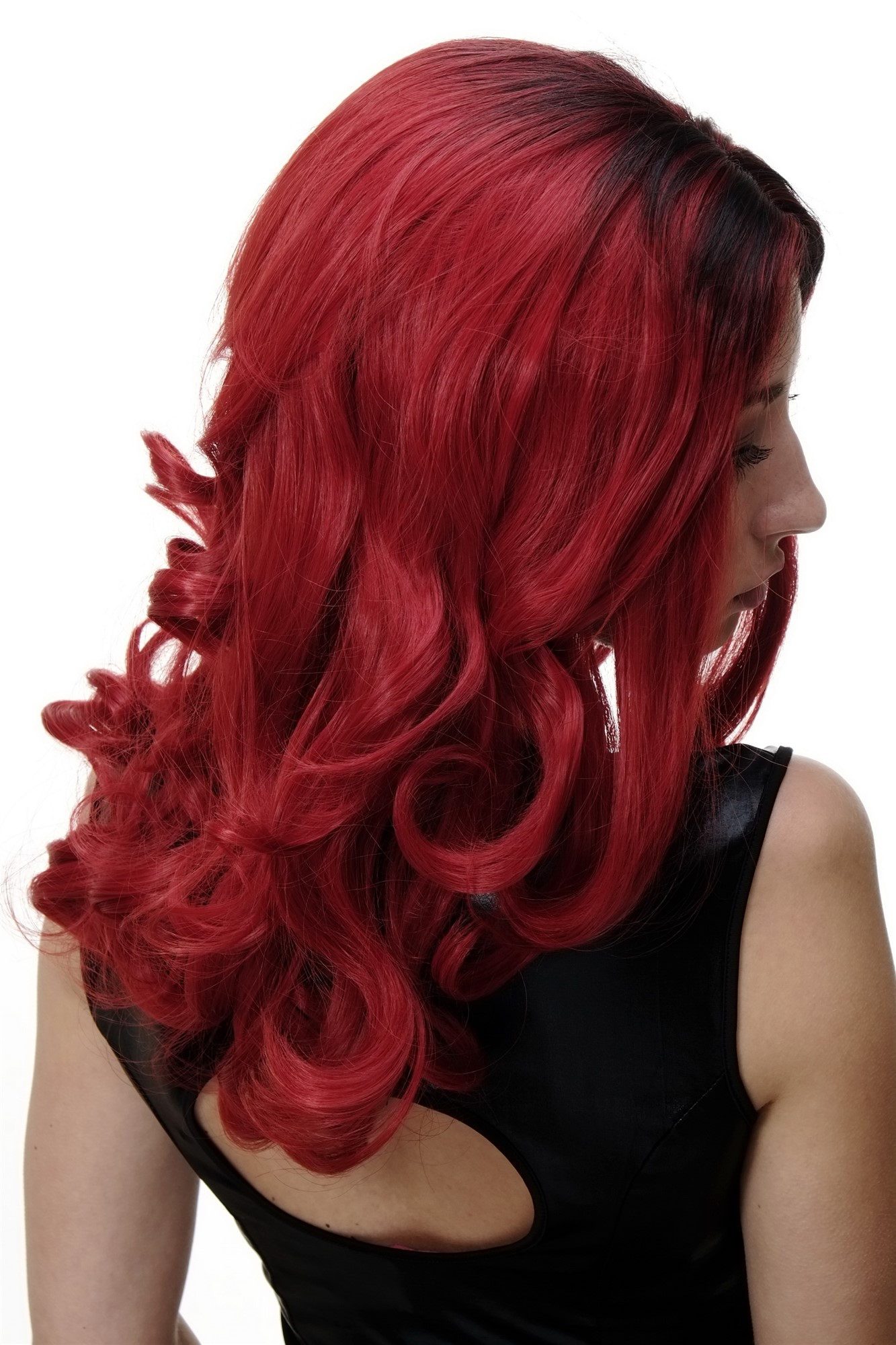hochwertige Qualitätsperücken, Perücke Rot Mix Ombre lang GFW1832-RED-M130M, Ansicht 2, WIG ME UP: Ihr Perücken Online Shop lockige Tressen-Perücke mit Kopfhaut-Imitat Rot-Mix lange Haare für Damen