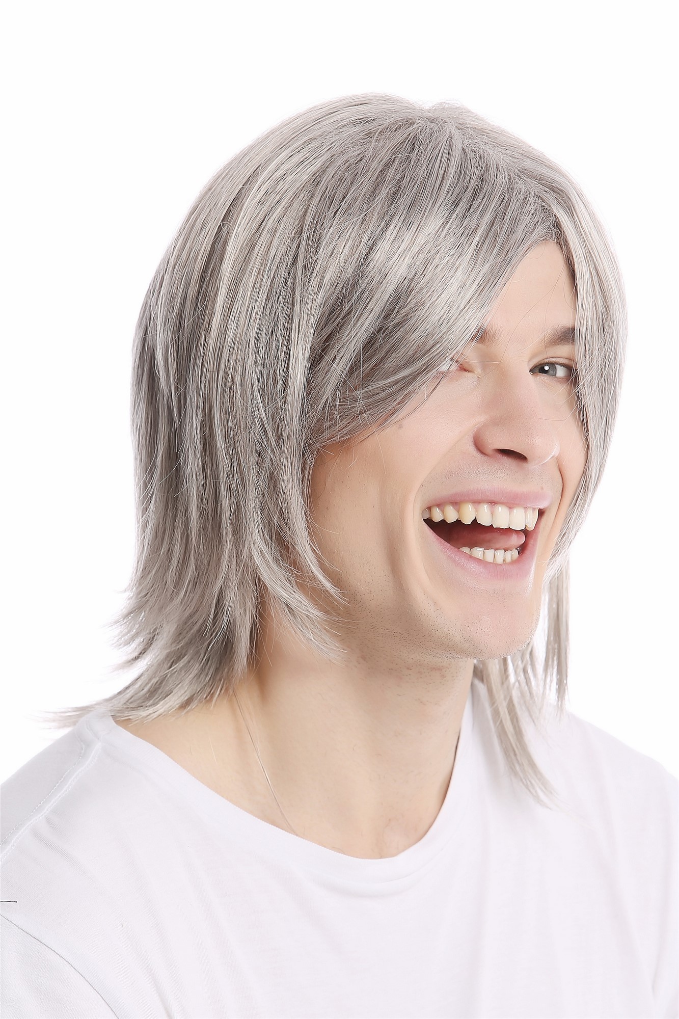 Men Gents Wig long straight middle parting aged rock star youthful modern look silver gray grey, front view, WIG ME UP: Your Perücken Online Shop Quality Wigs, Men, light gray, straight, shoulder-length