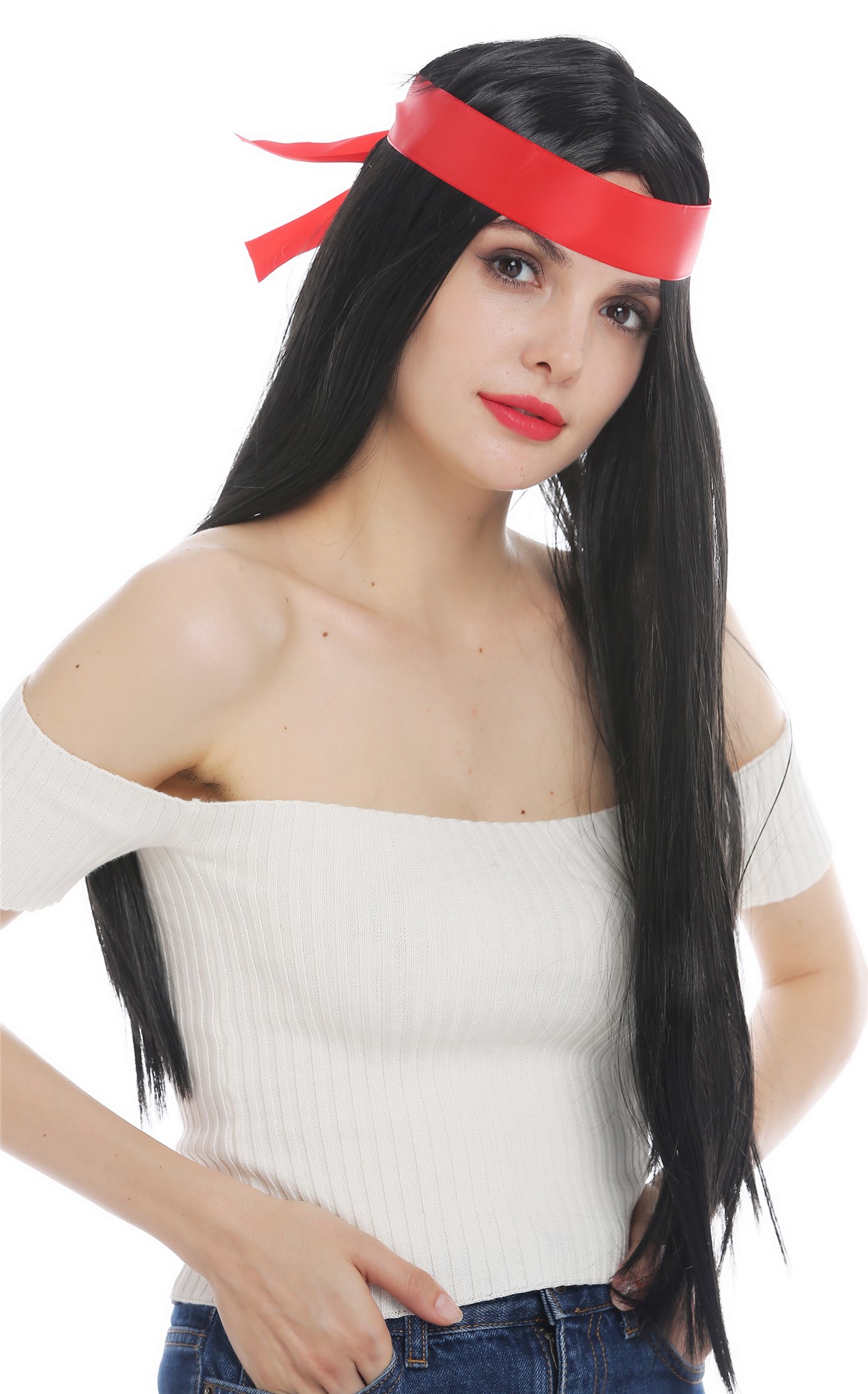 Wig men women 70's Native American black sleek middle parting head band 7093, view 3, WIG ME UP: Your Perücken Online Shop Party Wig, Unisex, pitch black, straight, long