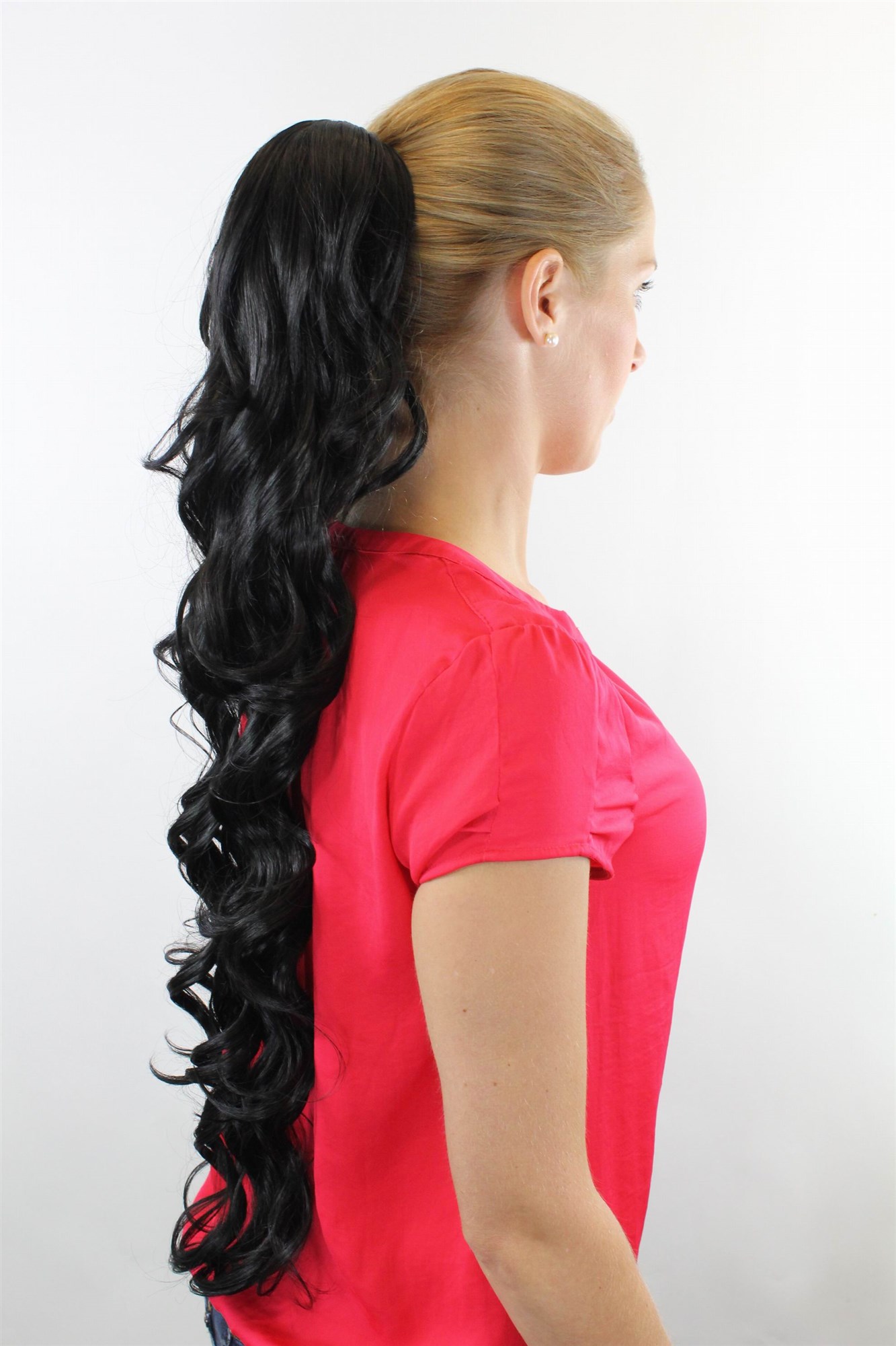 hochwertiges Haarteil Schwarz welliges Haar Butterfly-Clip Extension JL-4017-1B, Ansicht 2, WIG ME UP: Ihr Perücken Online Shop welliges Zopf-Haarteil Samtschwarz 75 cm lang