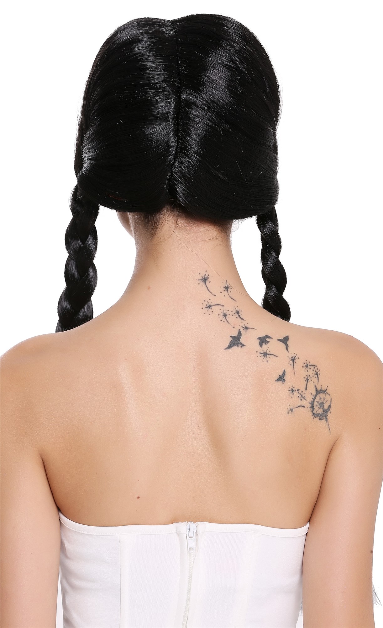 günstige Party Perücke, Perücke 2 Geflochtene Zöpfe lang Schwarz 90958-ZA103, Ansicht 4, WIG ME UP: Ihr Perücken Online Shop geflochtene Party Perücke Schwarz lange Haare für Damen