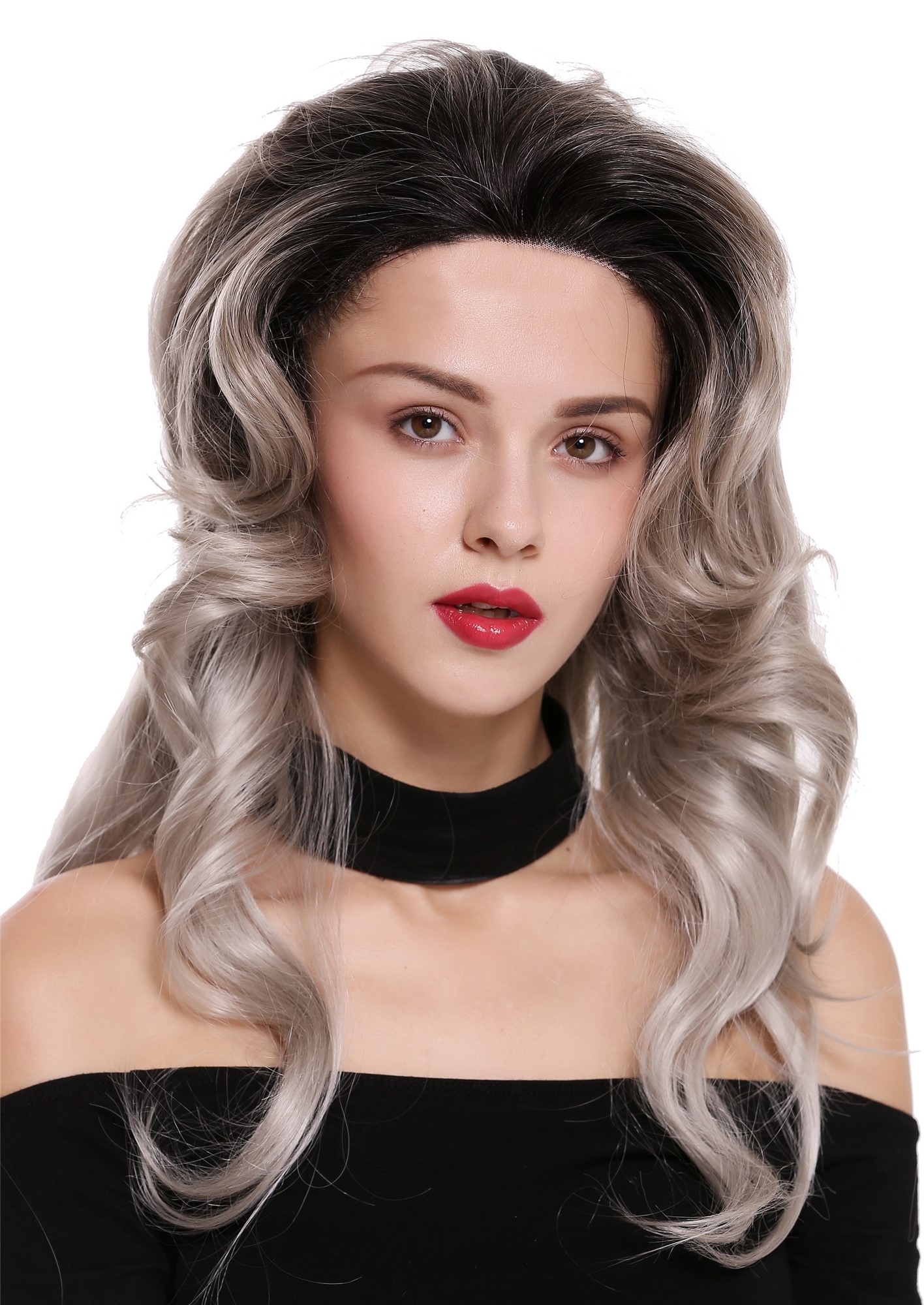 Lady wig lace front monofilament long backcombed ombre black grey mix DW2536-MF, view 2, WIG ME UP: Your Perücken Online Shop Quality Wigs, Ladies, matte gray-deep black mix, wavy, long