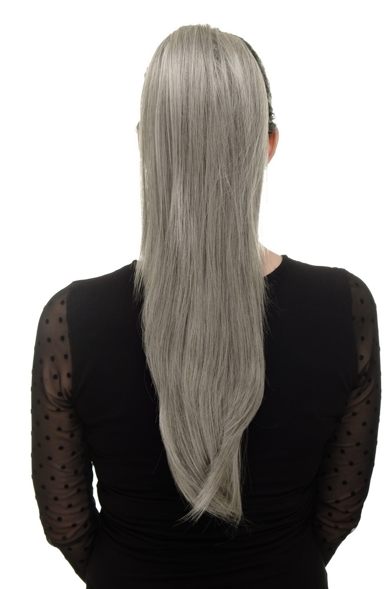 Ponytail clamp combs string straight voluminous very long silver gray grey WK06, front view, WIG ME UP: Your Perücken Online Shop Ponytails, gray-black mix, straight, long