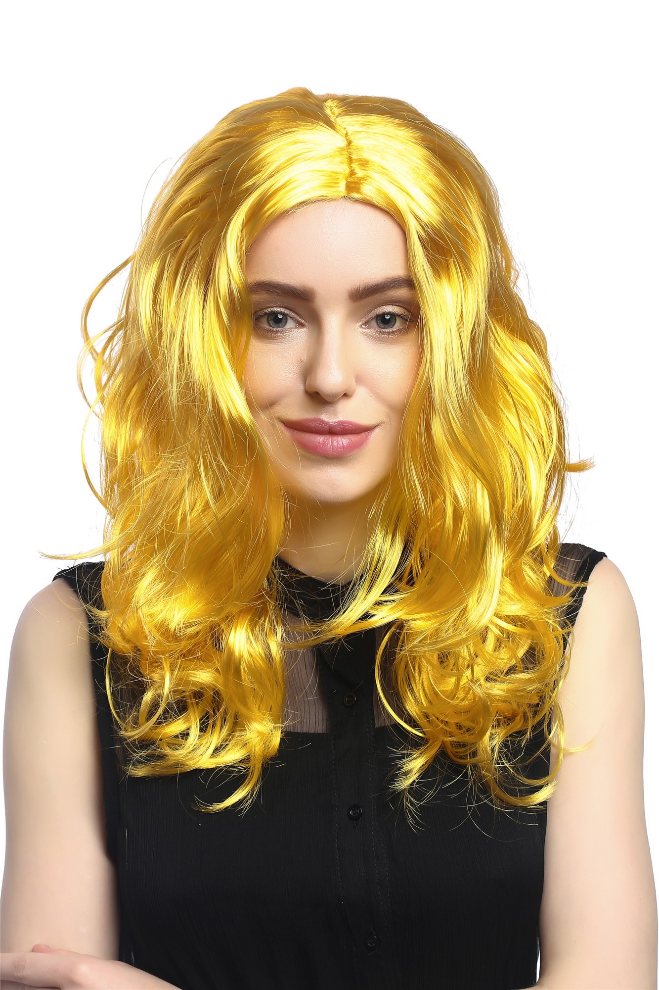 Lady Party Wig Halloween Fancy Dress long very voluminous curly curls middle-parting yellow 20", view 2, WIG ME UP: Your Perücken Online Shop Party Wig, Ladies, neon yellow, curled, long