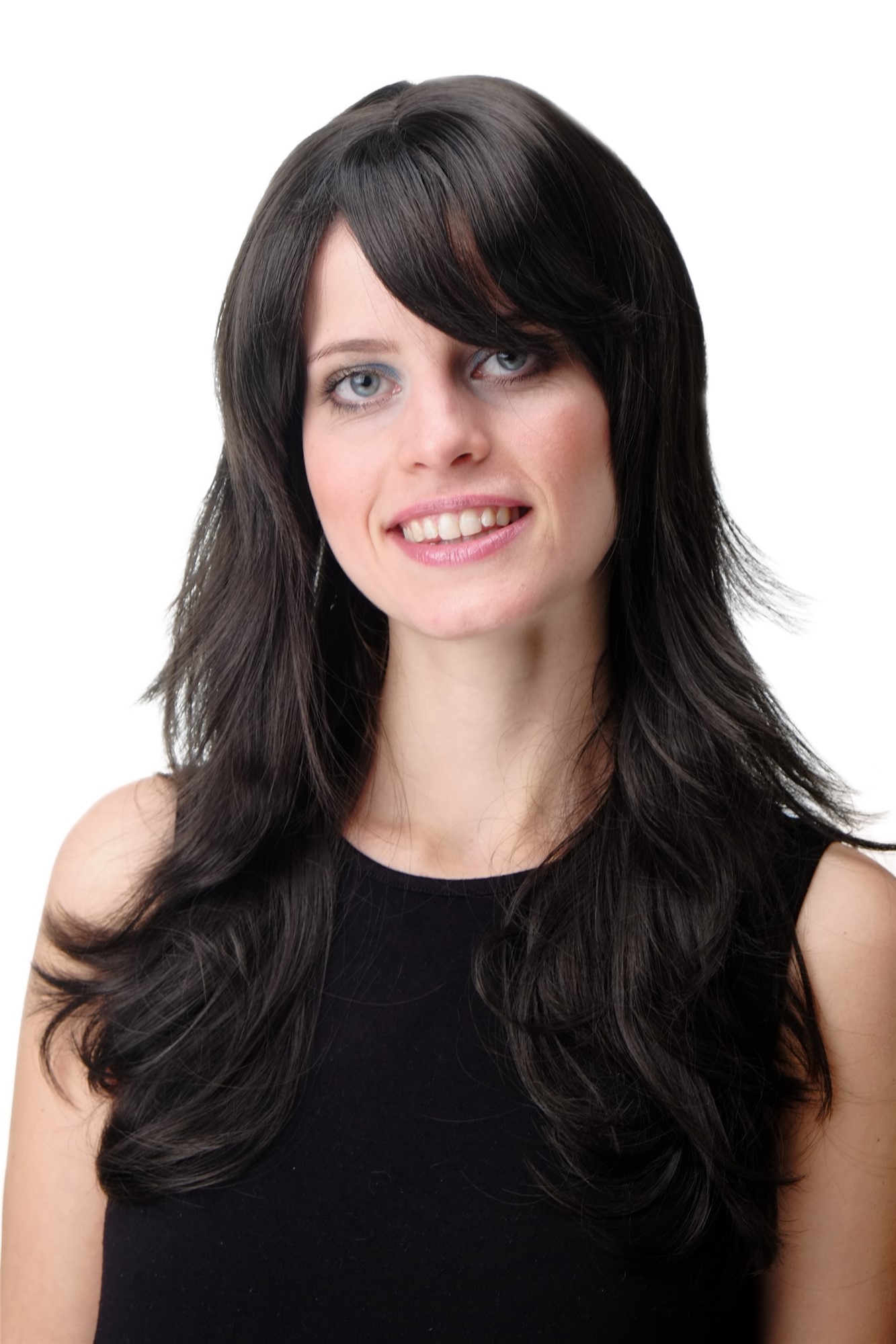 hochwertige Qualitätsperücken, Perücke lang leicht wellig Pony Dunkelbraun GFW242-4, Vorderansicht, WIG ME UP: Ihr Perücken Online Shop wellige Tressen-Perücke mit Kopfhaut-Imitat Dunkelbraun lange Haare für Damen